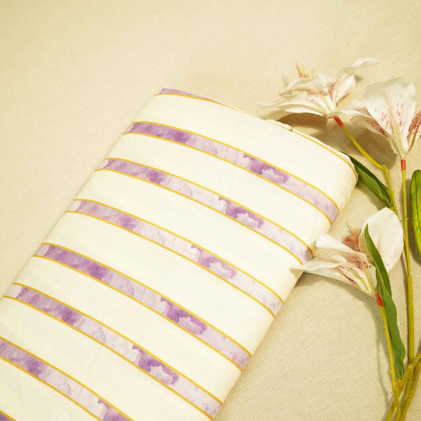 Cream & Purple Stripes Print Cotton Fabric MTF-26501