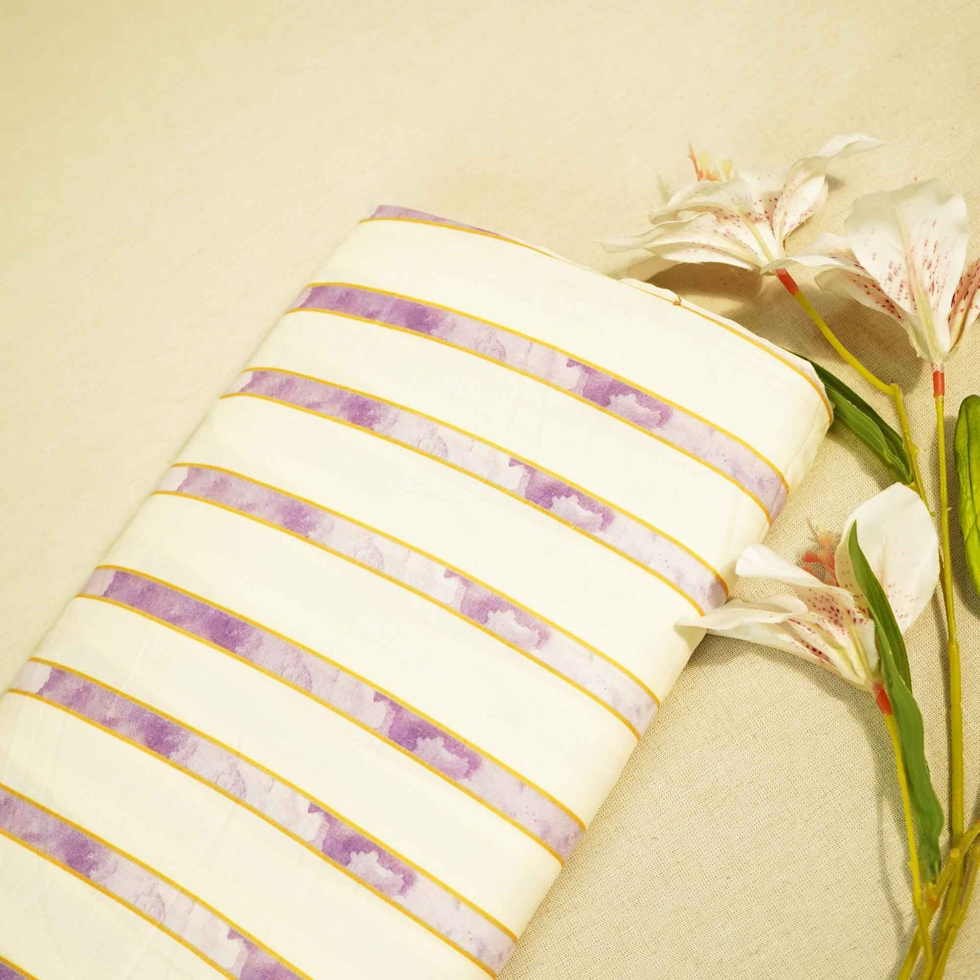 Cream & Purple Stripes Print Cotton Fabric MTF-26501