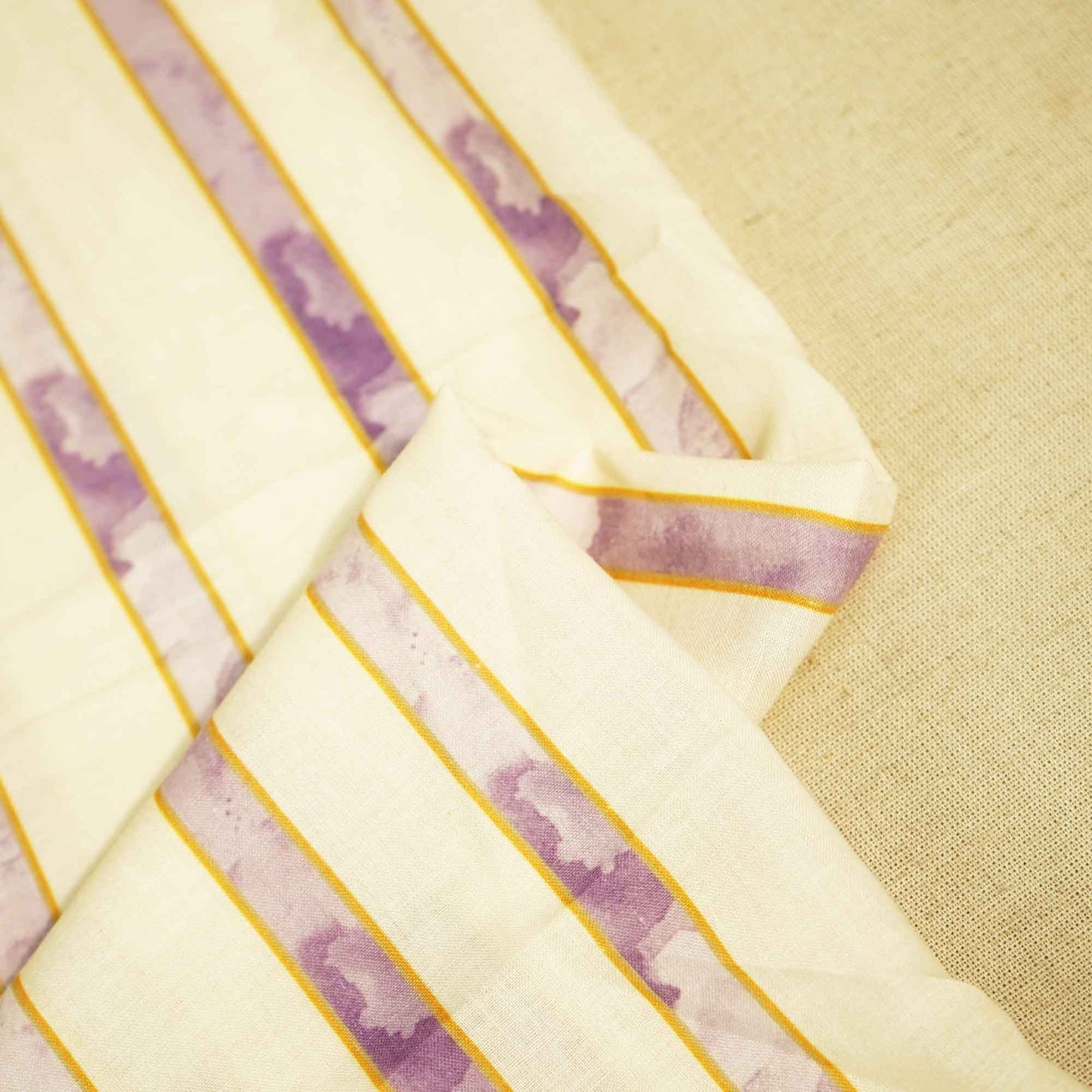 Cream & Purple Stripes Print Cotton Fabric MTF-26501