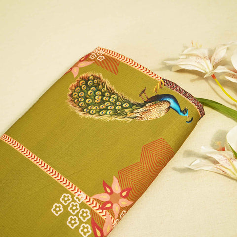 Green Bird Print Muslin Fabric MTF-26506