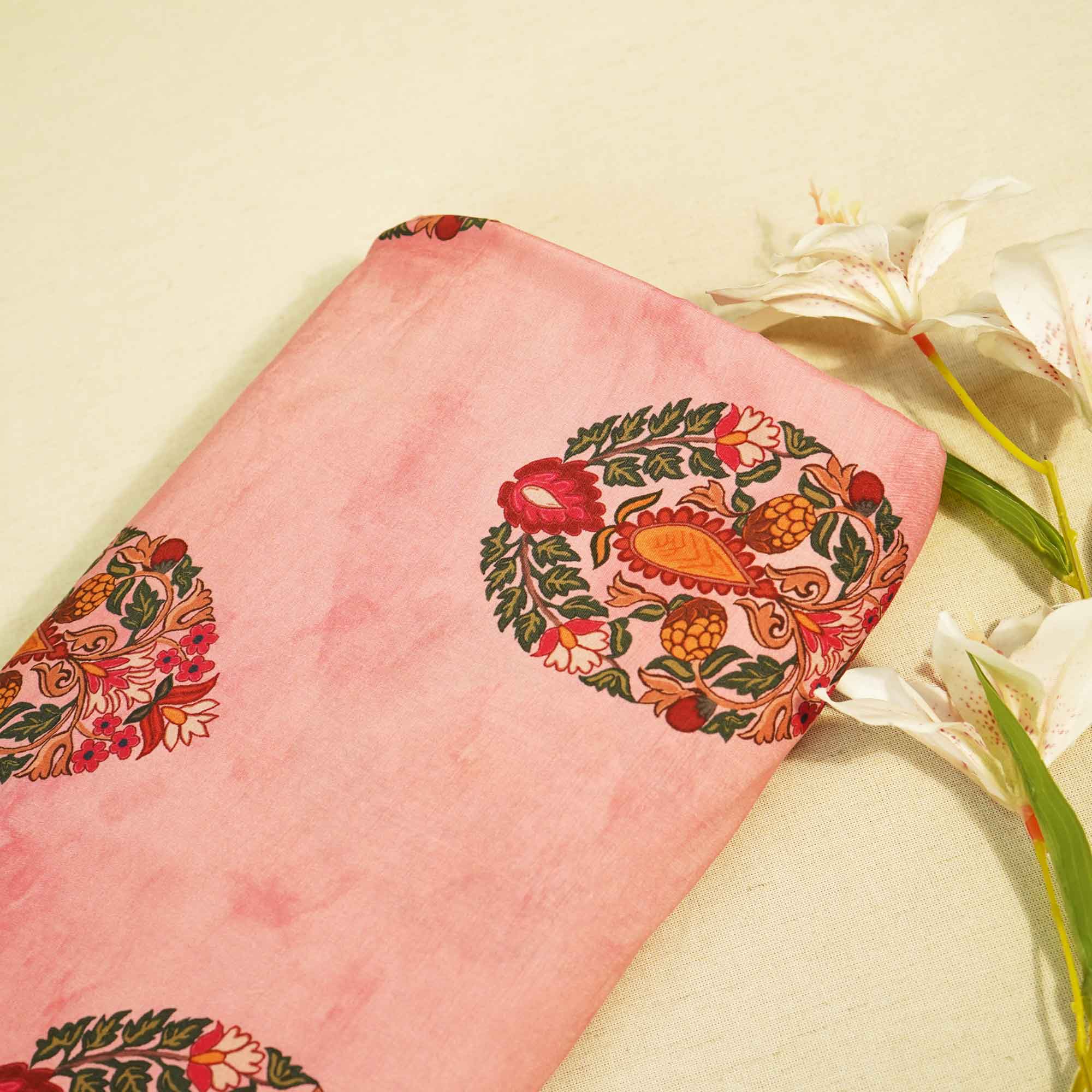Pink Floral Block Print Muslin Fabric MTF-26509