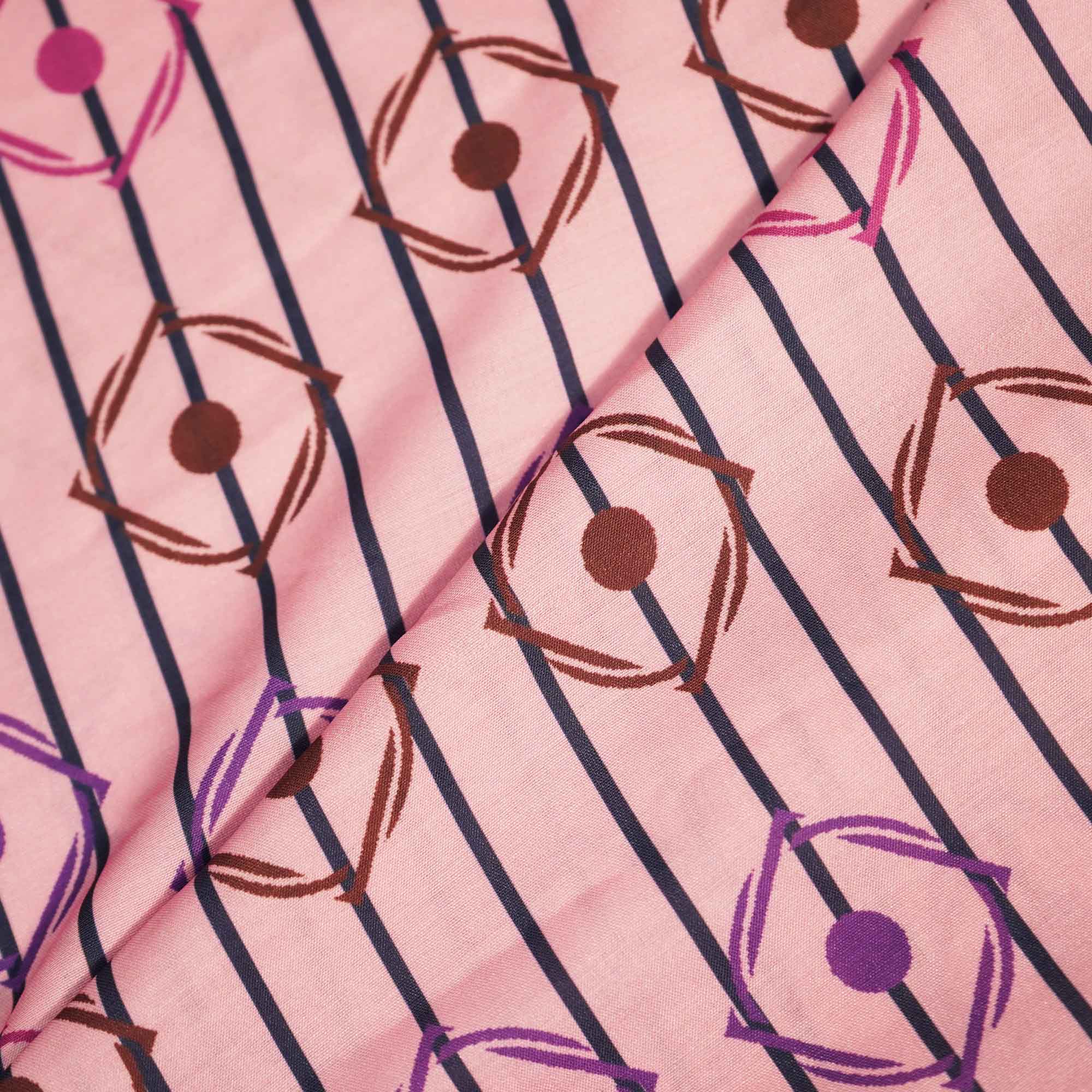 Pink Multicolor Stripes Print Muslin Fabric MTF-26514