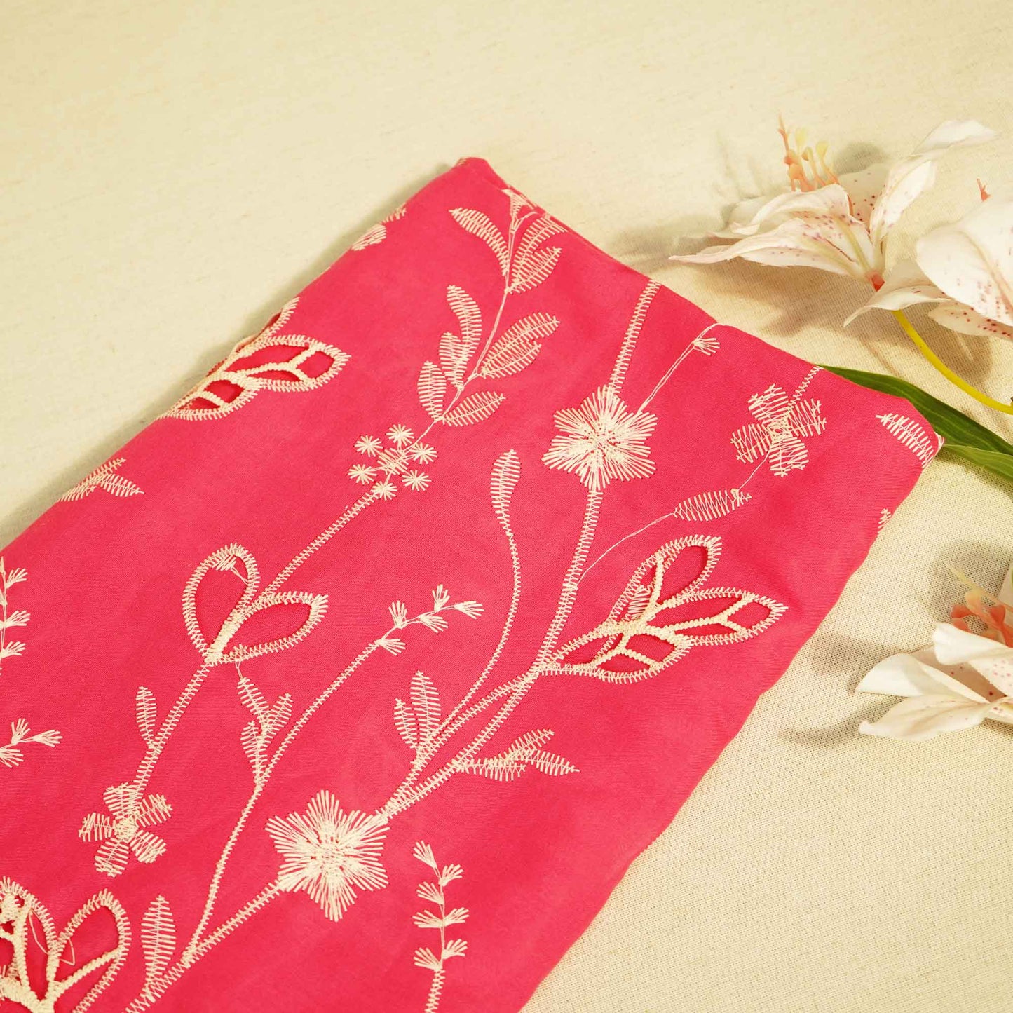 Magenta Floral Hakoba Embroidery Cotton Fabric CF-26519