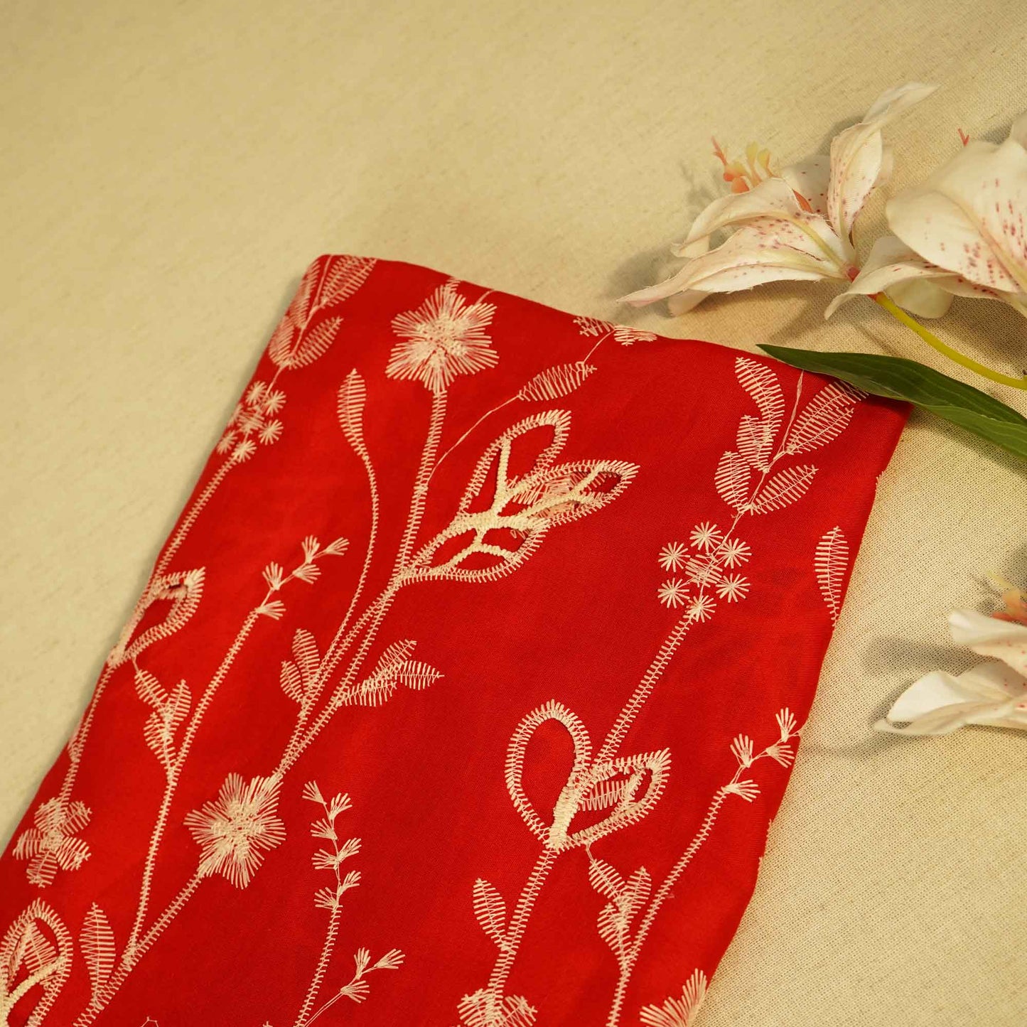 Red Floral Hakoba Embroidery Cotton Fabric CF-26520