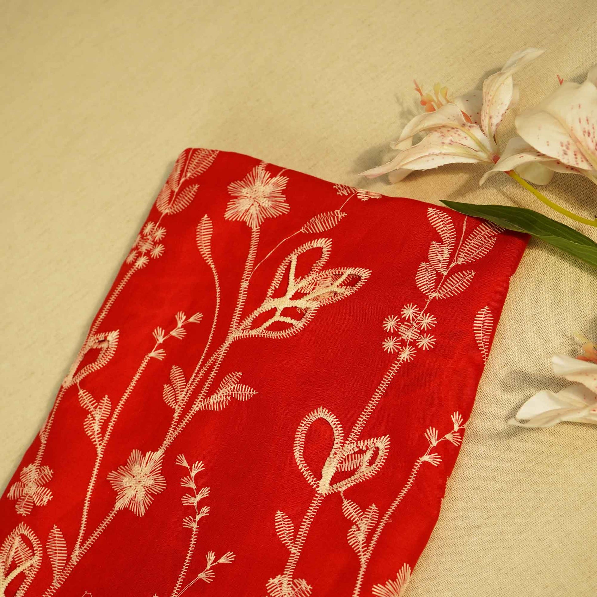 Red Floral Hakoba Embroidery Cotton Fabric CF-26520