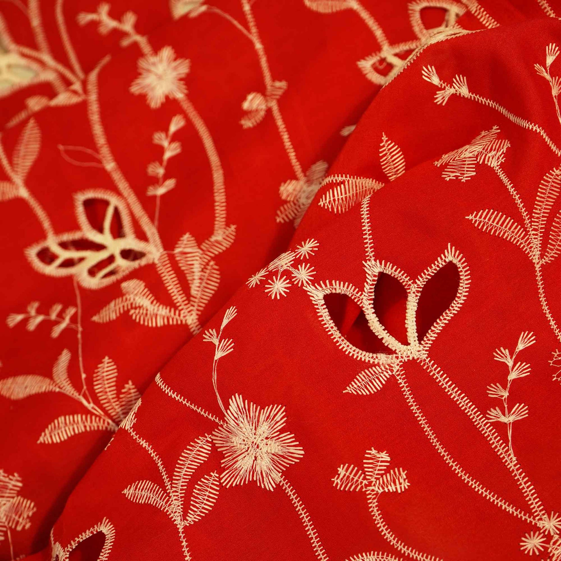 Red Floral Hakoba Embroidery Cotton Fabric CF-26520