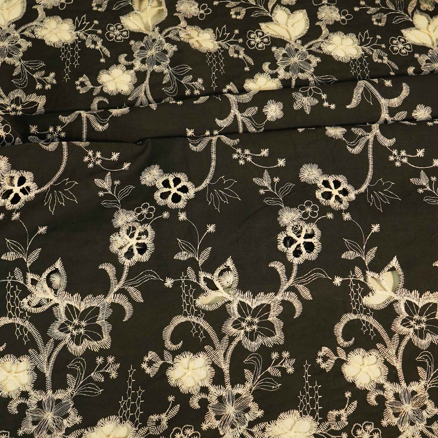 Black Floral Hakoba Embroidery Cotton Fabric CF-26522