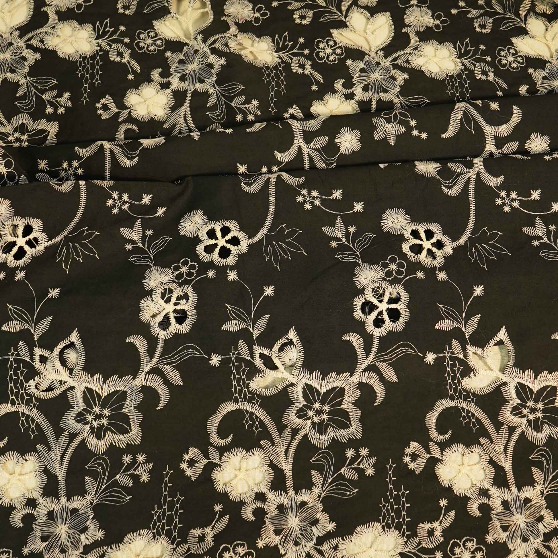 Black Floral Hakoba Embroidery Cotton Fabric CF-26522