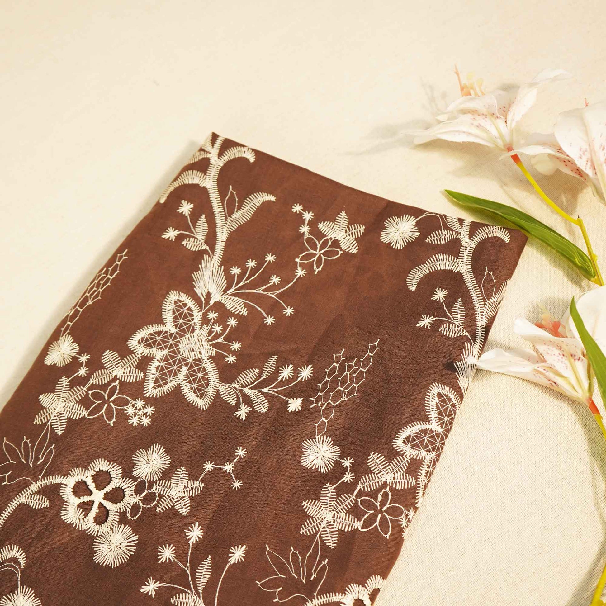 Dark Brown Floral Hakoba Embroidery Cotton Fabric CF-26523