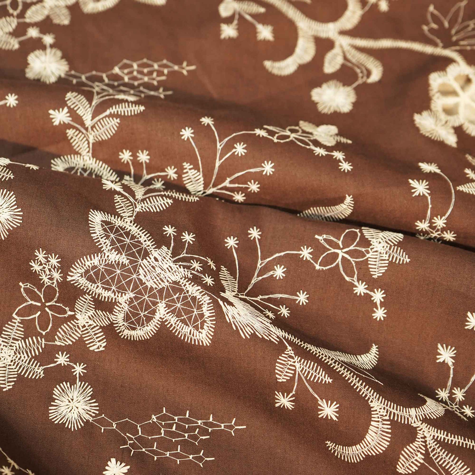 Dark Brown Floral Hakoba Embroidery Cotton Fabric CF-26523
