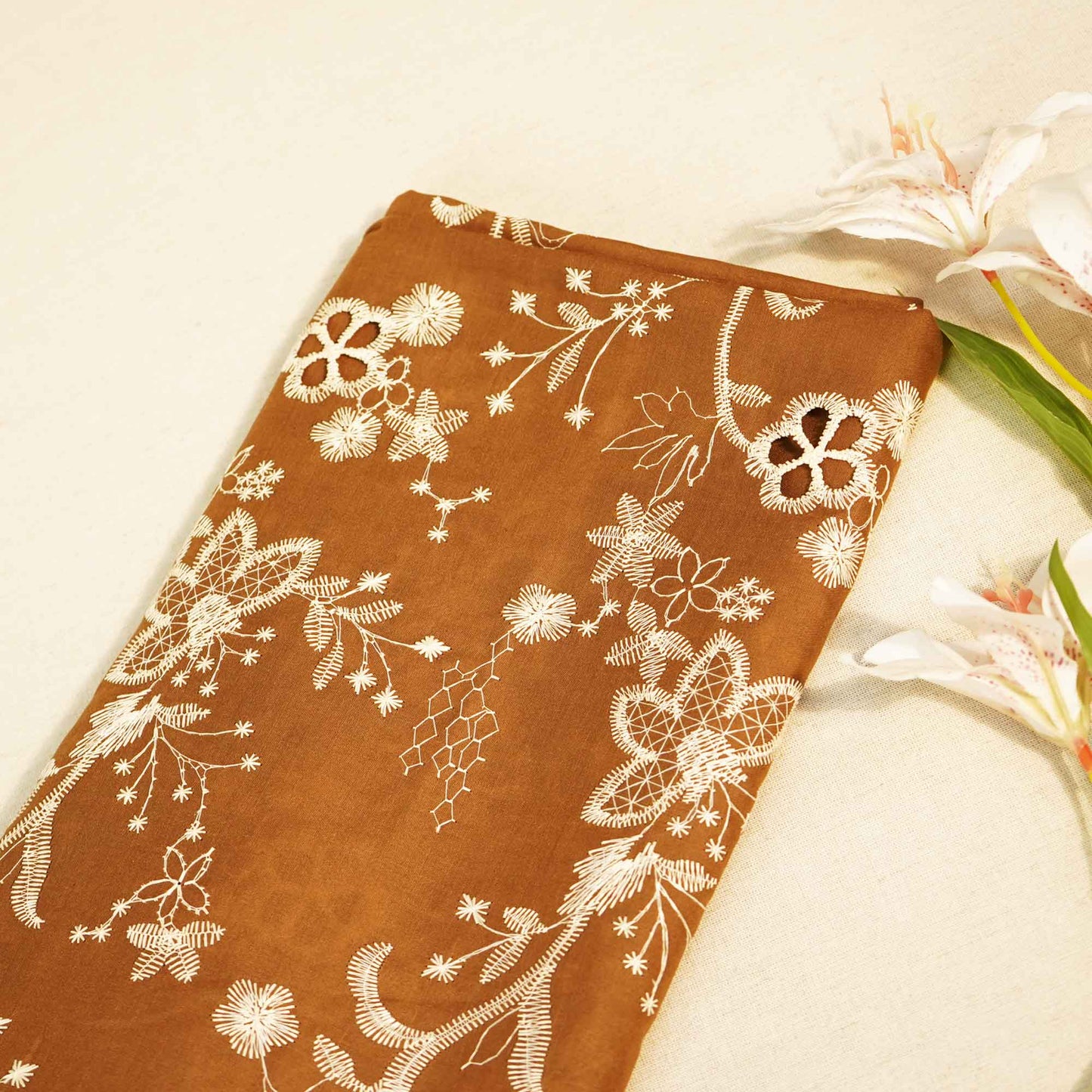 Brown Floral Hakoba Embroidery Cotton Fabric CF-26524