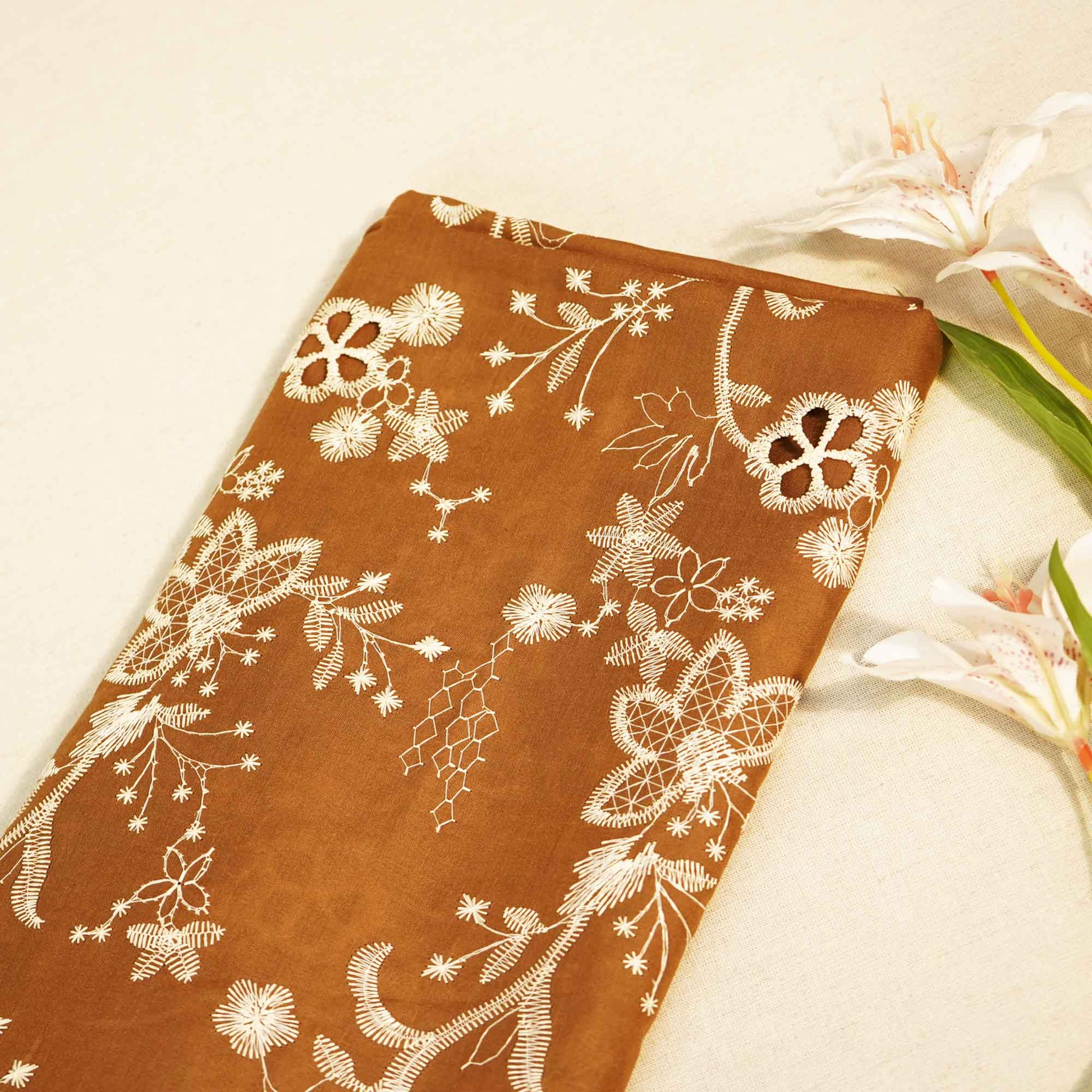 Brown Floral Hakoba Embroidery Cotton Fabric CF-26524