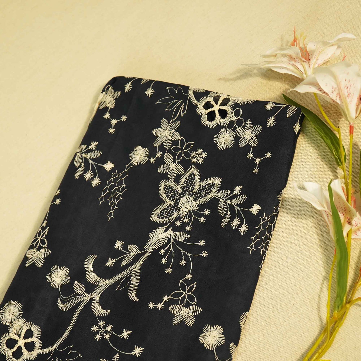Navy Blue Floral Hakoba Embroidery Cotton Fabric CF-26525