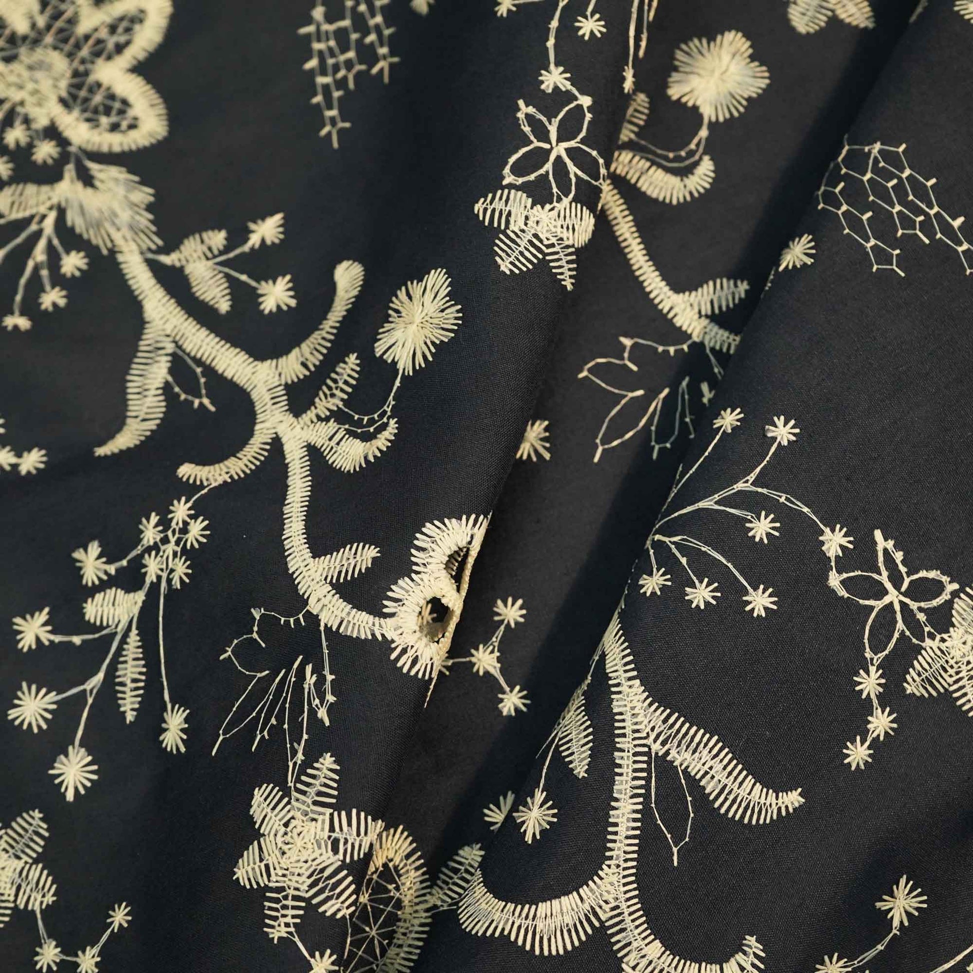 Navy Blue Floral Hakoba Embroidery Cotton Fabric CF-26525
