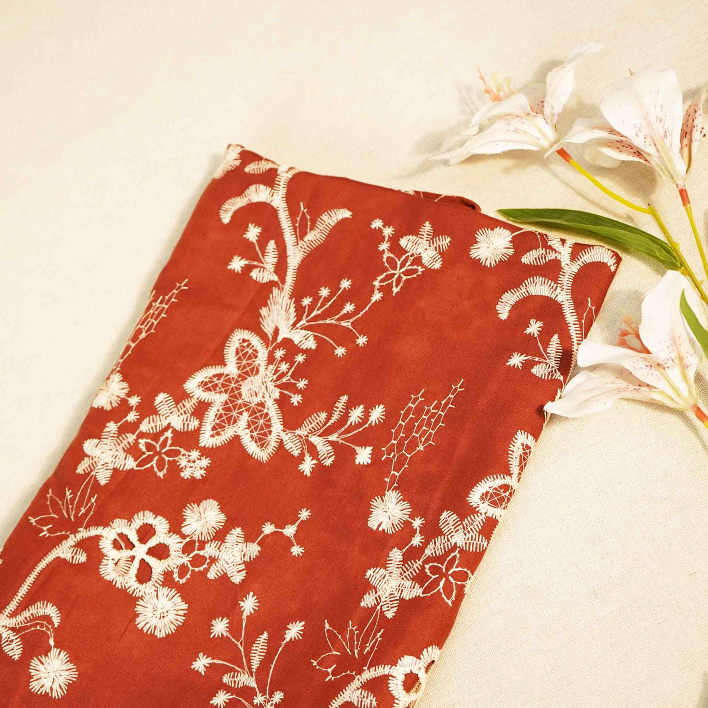 Maroon Floral Hakoba Embroidery Cotton Fabric CF-26526