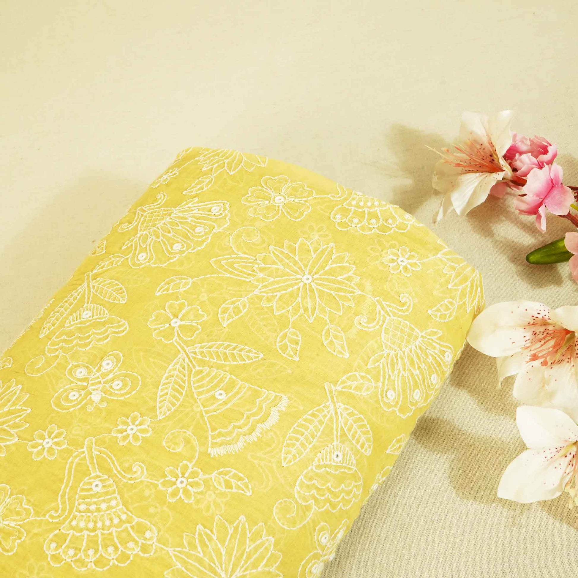 Lime Green Floral Thread Embroidery Chanderi Fabric WI-26527