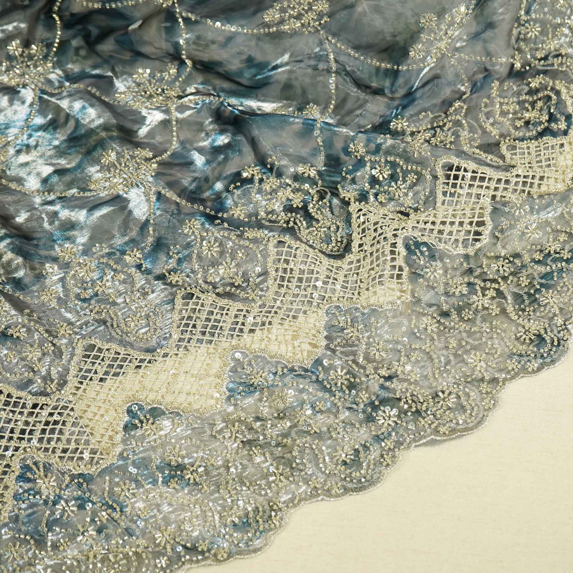 Blue abstract cutdana cutwork embroidery glass tissue fabric Tissue fabric AF-26542