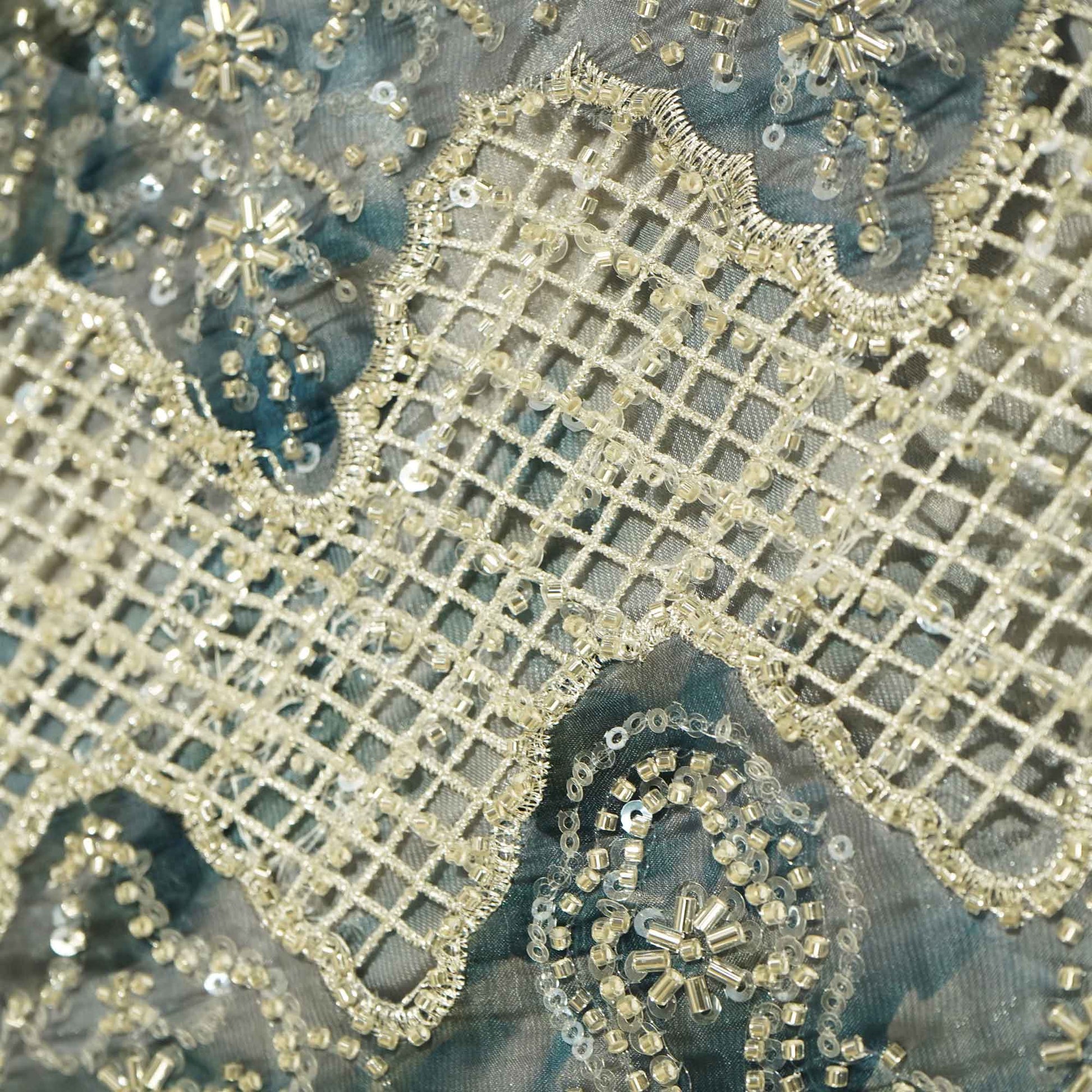 Blue abstract cutdana cutwork embroidery glass tissue fabric Tissue fabric AF-26542