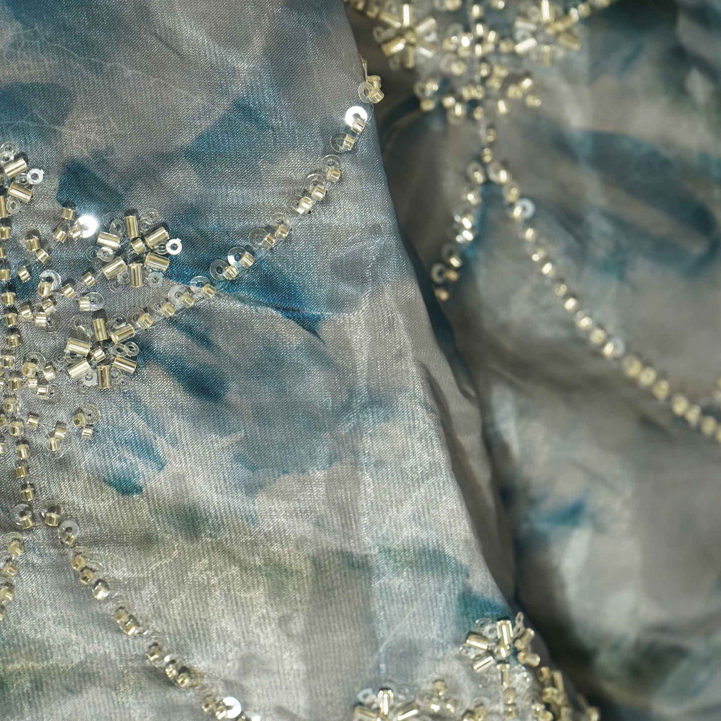 Blue abstract cutdana cutwork embroidery glass tissue fabric Tissue fabric AF-26542