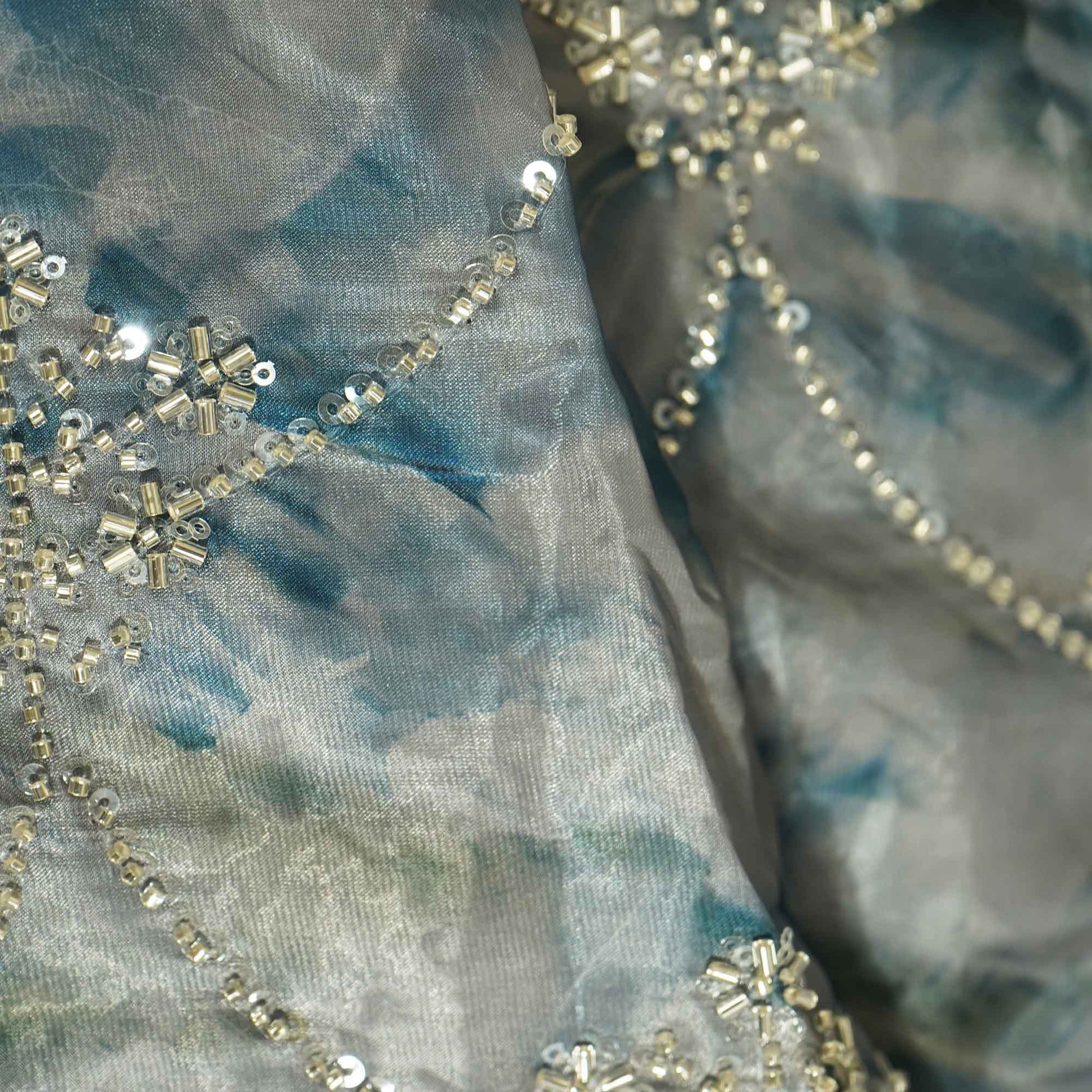 Blue abstract cutdana cutwork embroidery glass tissue fabric Tissue fabric AF-26542