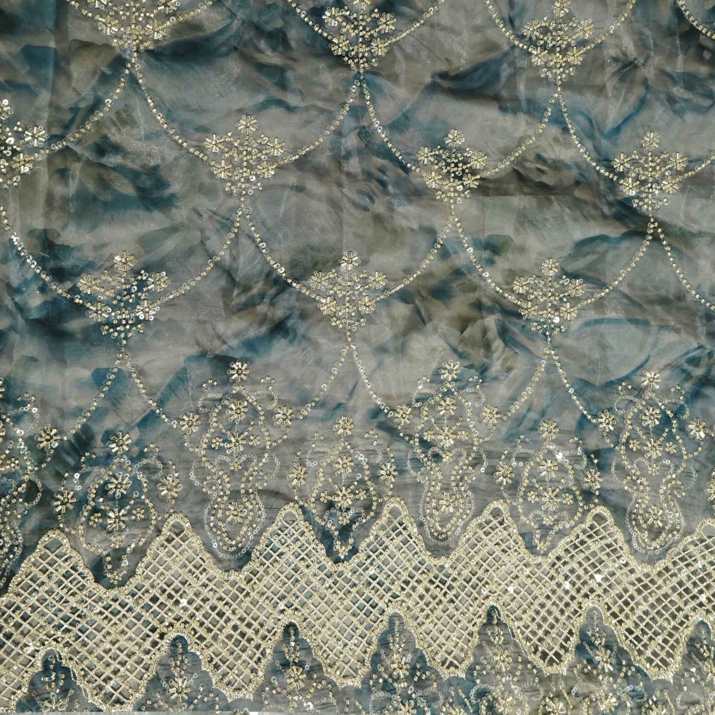 Blue abstract cutdana cutwork embroidery glass tissue fabric Tissue fabric AF-26542