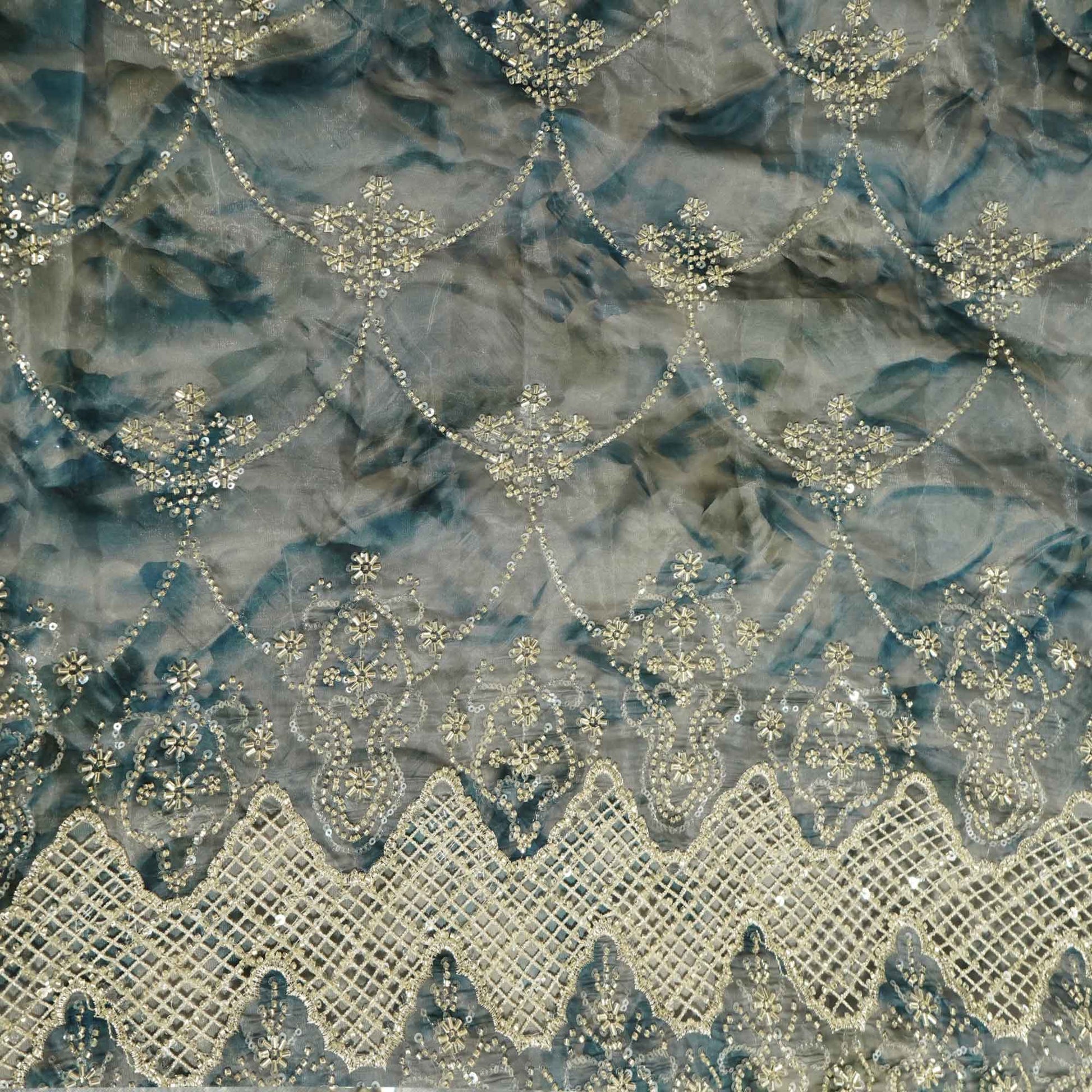 Blue abstract cutdana cutwork embroidery glass tissue fabric Tissue fabric AF-26542