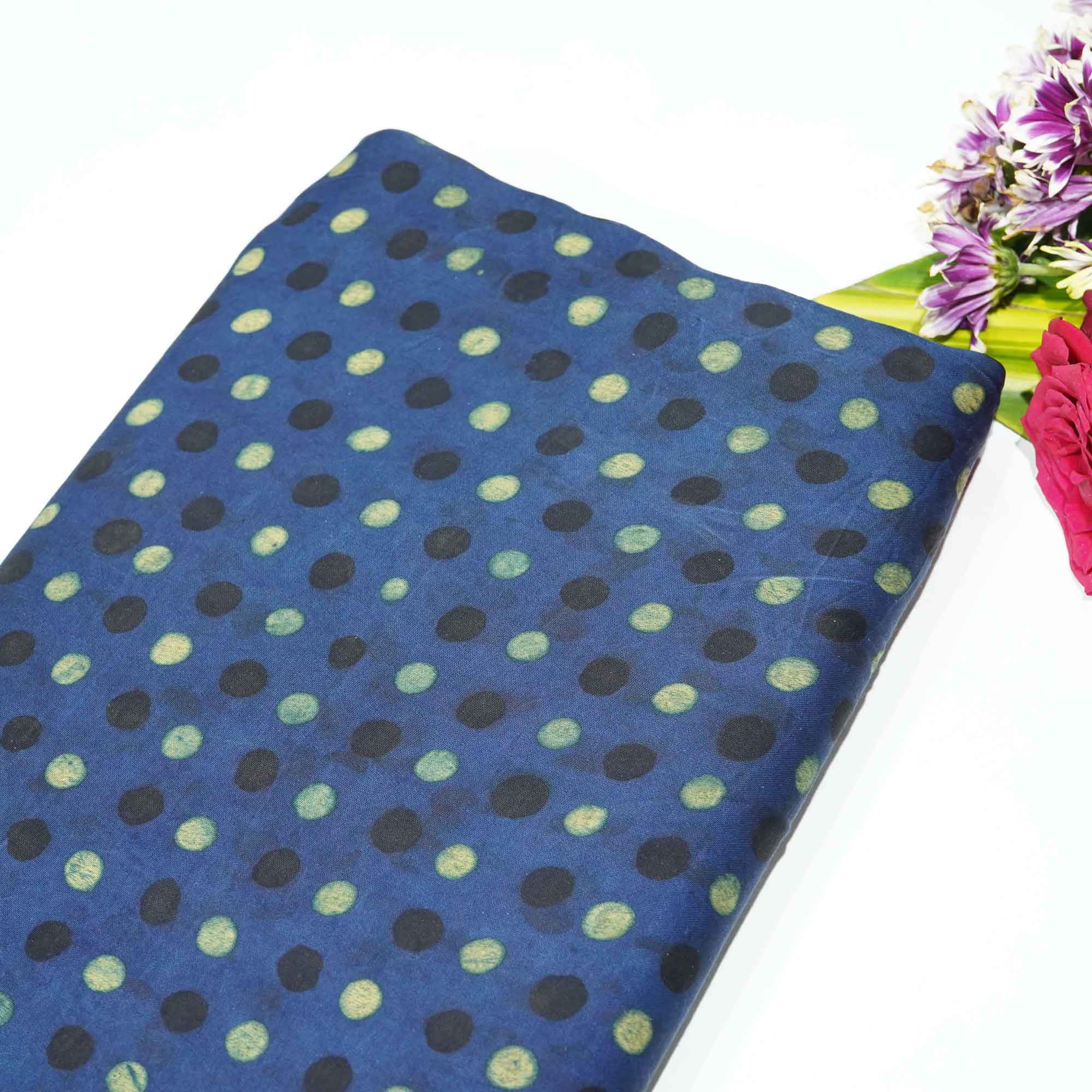 Blue Polka Dot Modal Satin Fabric Modal Ajrakh IA-26856