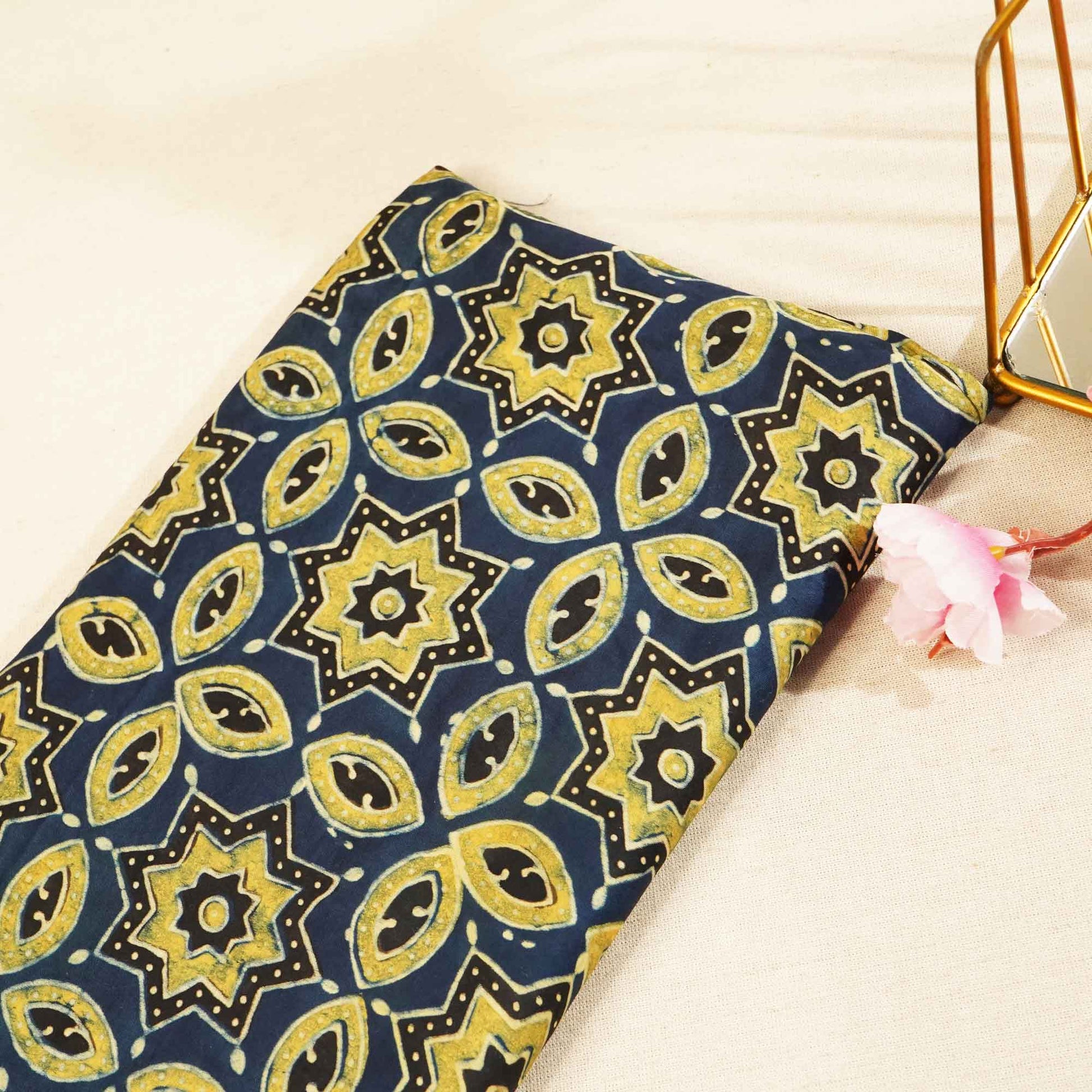 Navy Blue Ajrakh Modal Satin Fabric Modal Ajrakh IA-26890