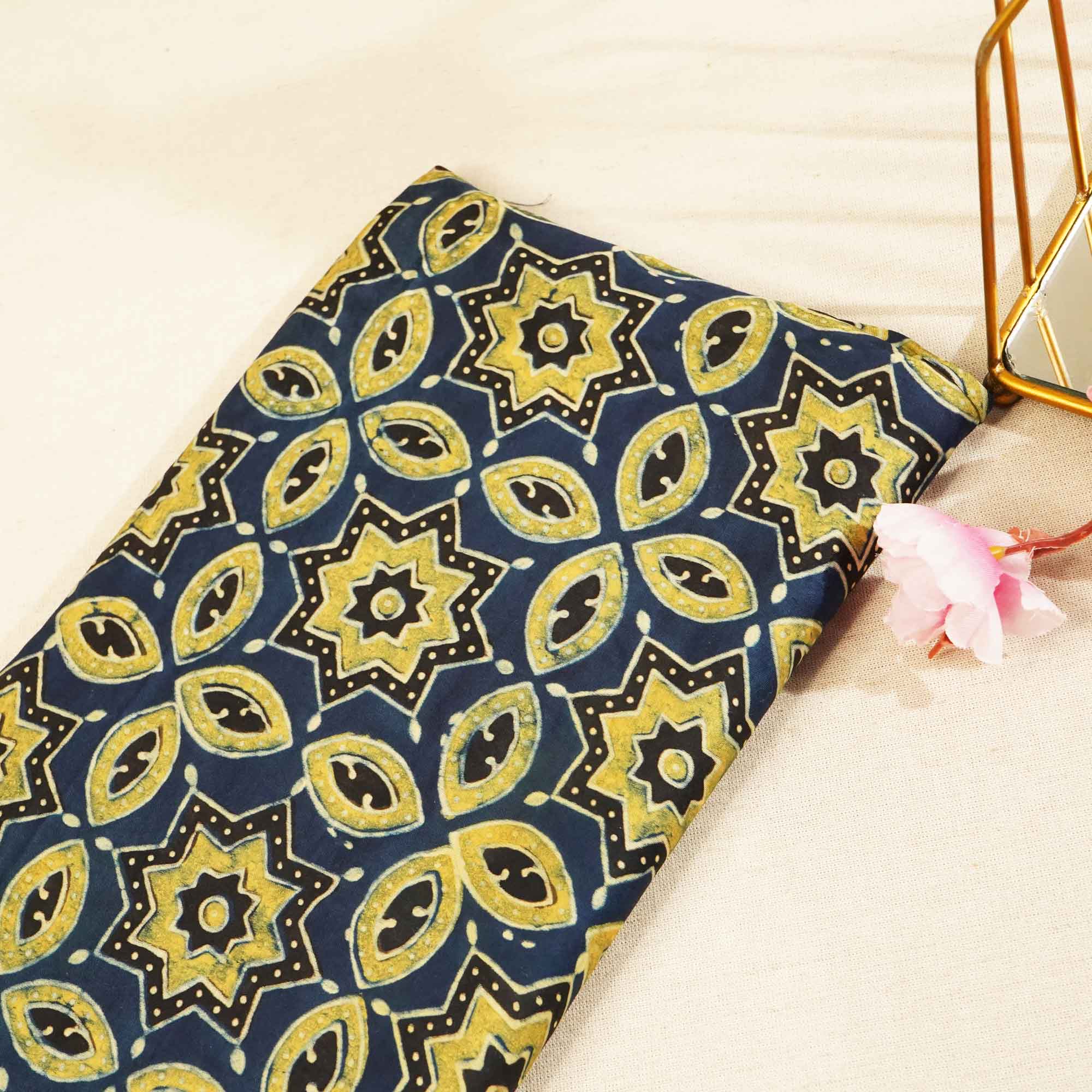Navy Blue Ajrakh Modal Satin Fabric Modal Ajrakh IA-26890