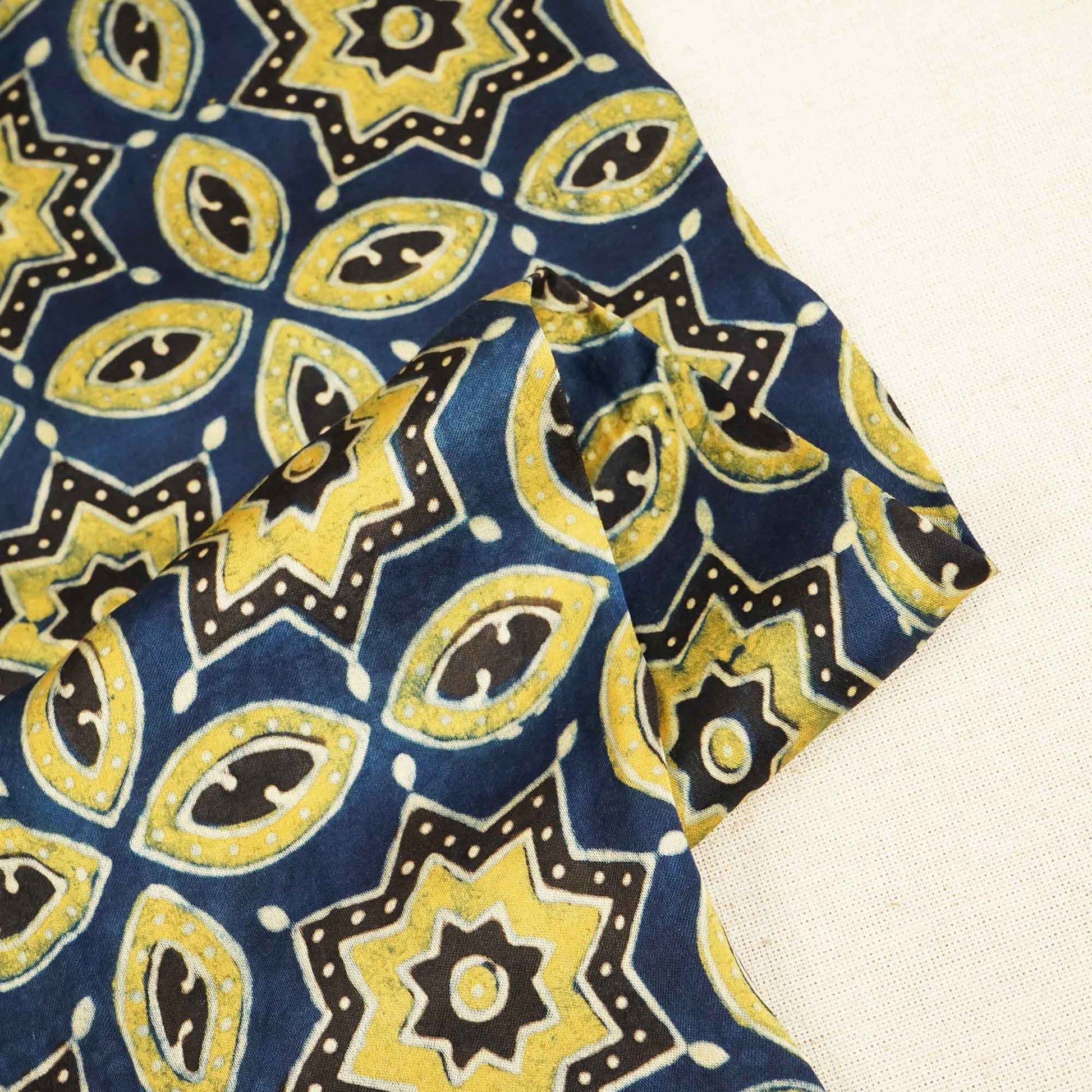 Navy Blue Ajrakh Modal Satin Fabric Modal Ajrakh IA-26890