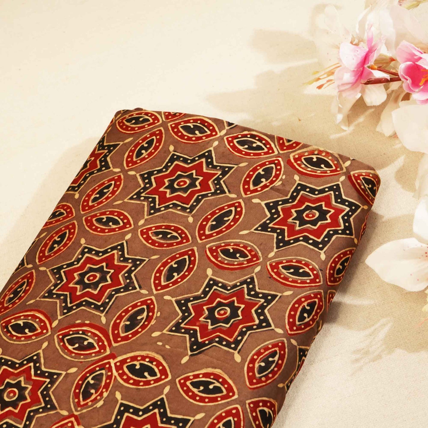 Brown Blue Ajrakh Modal Satin Fabric Modal Ajrakh IA-26898