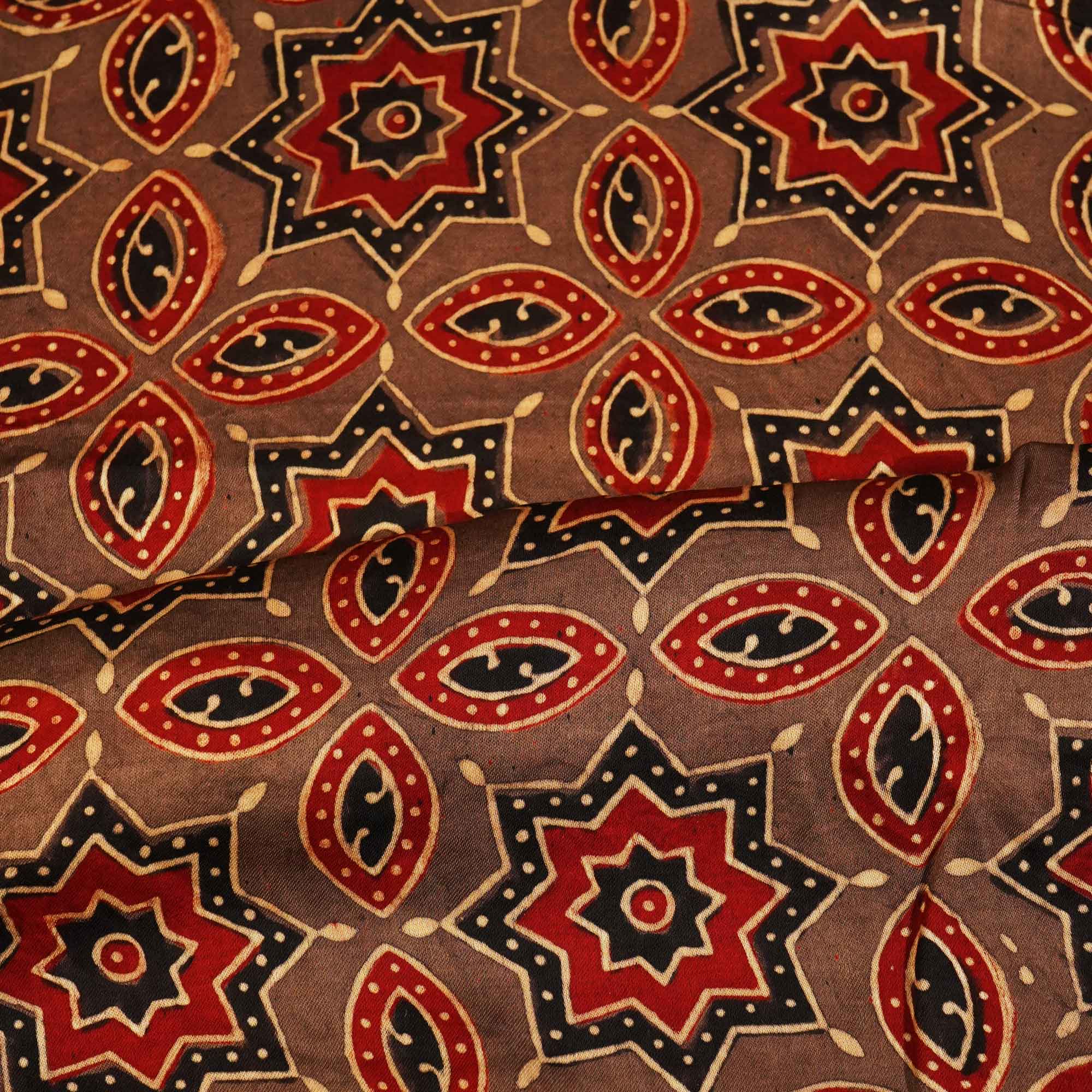 Brown Blue Ajrakh Modal Satin Fabric Modal Ajrakh IA-26898