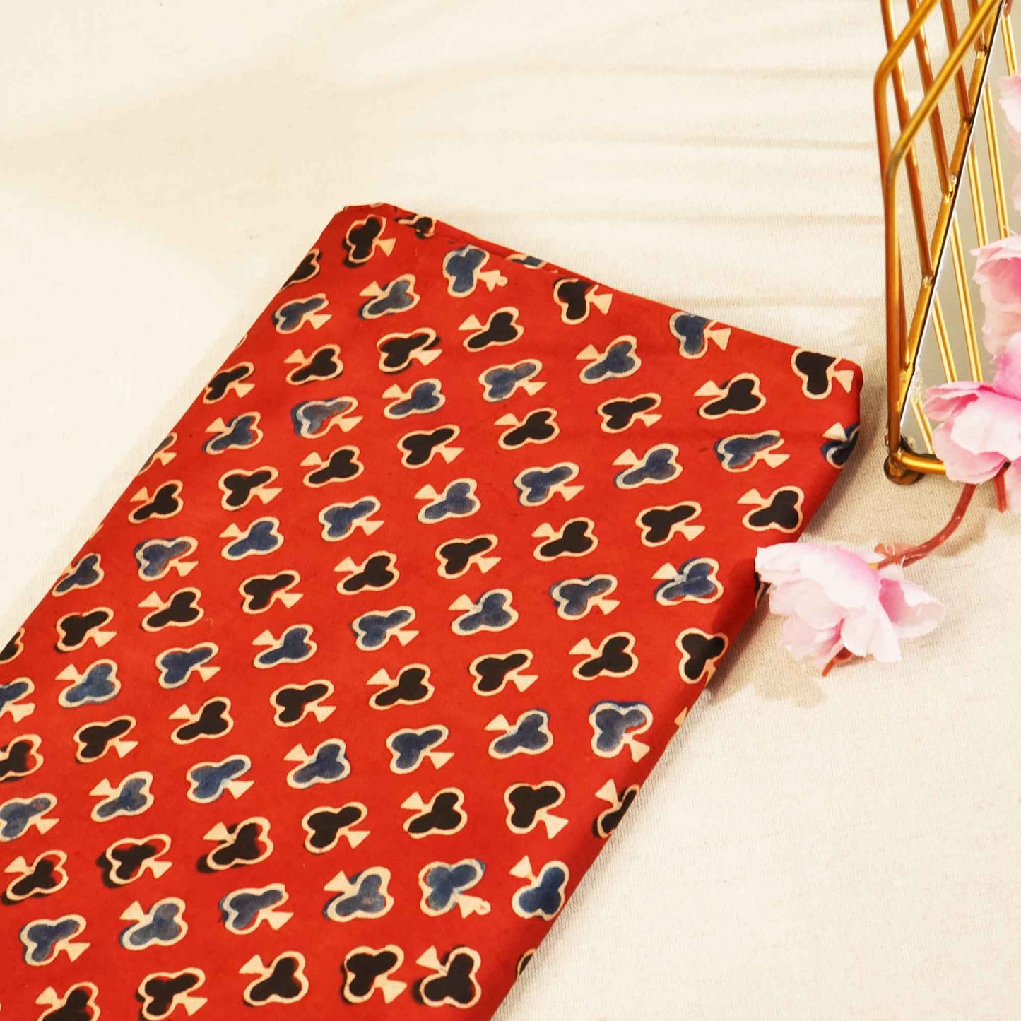 Red Handblock Modal Satin Fabric Modal Ajrakh IA-26904