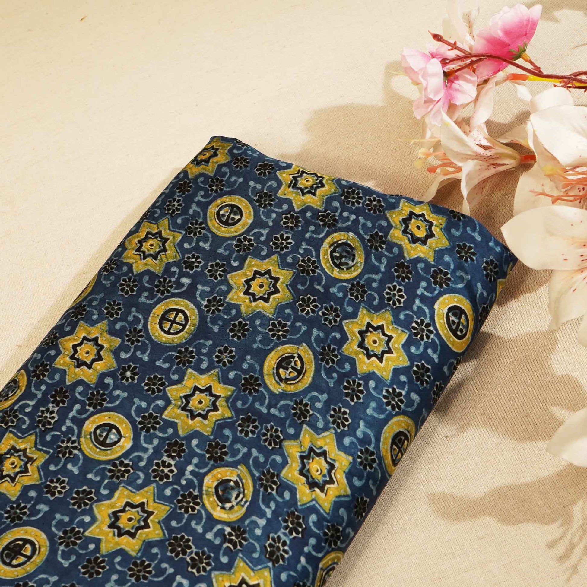 Navy Blue Ajrakh Modal Satin Fabric Modal Ajrakh IA-26908