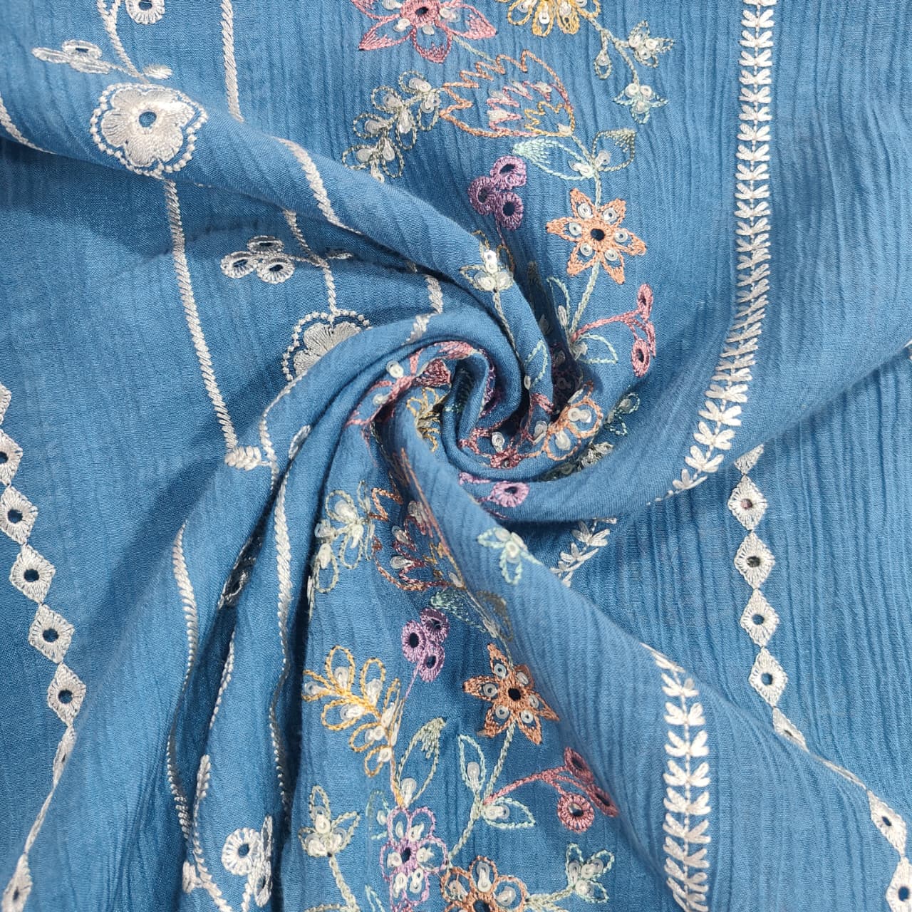 Blue Hakoba Embroidery Crushed Malai Chanderi Fabric GL-26921