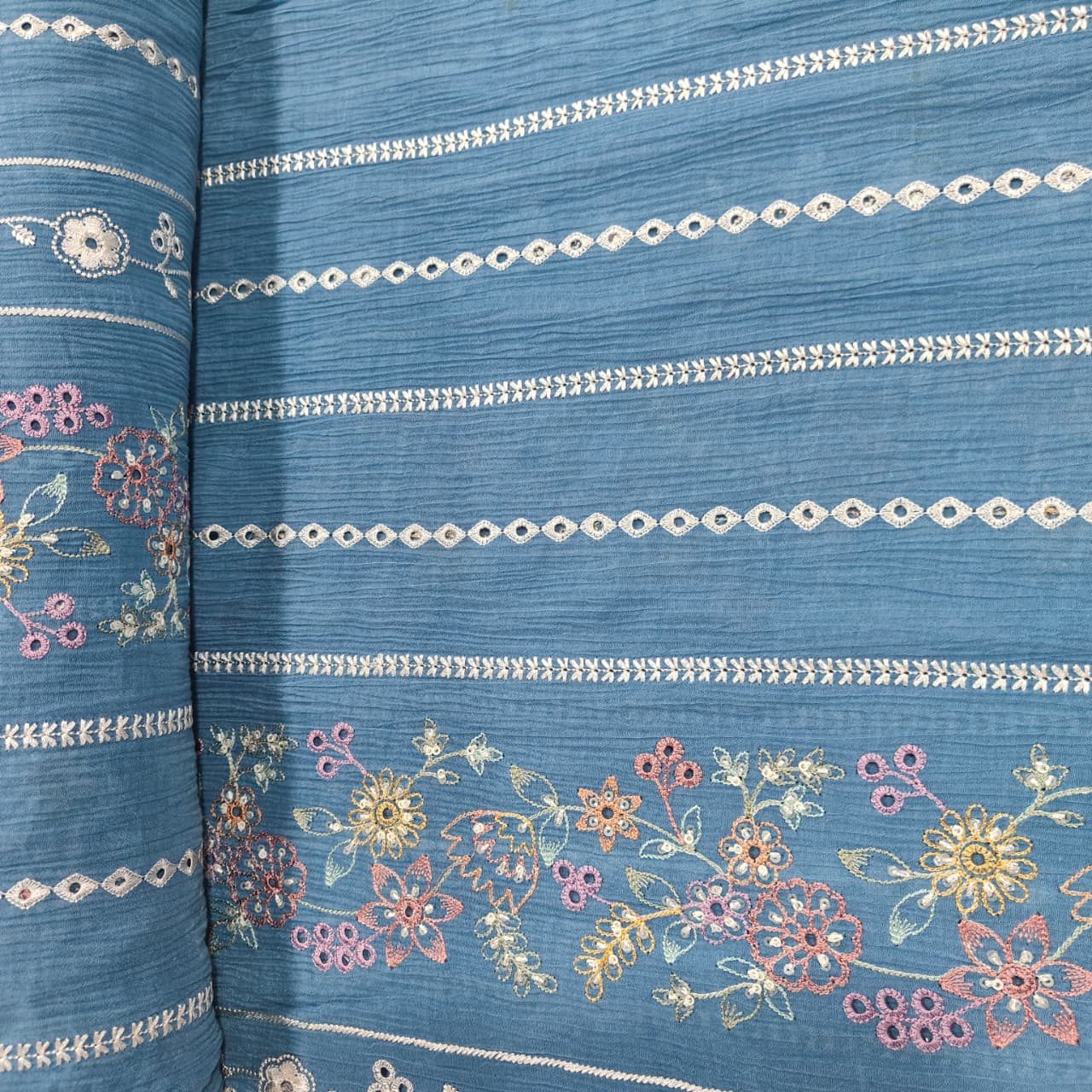 Blue Hakoba Embroidery Crushed Malai Chanderi Fabric GL-26921