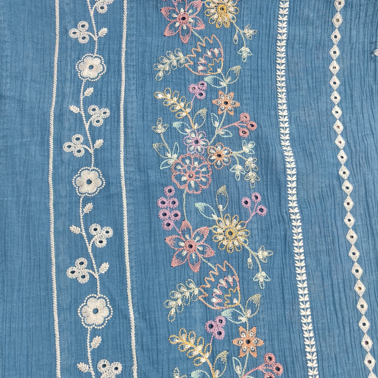 Blue Hakoba Embroidery Crushed Malai Chanderi Fabric GL-26921