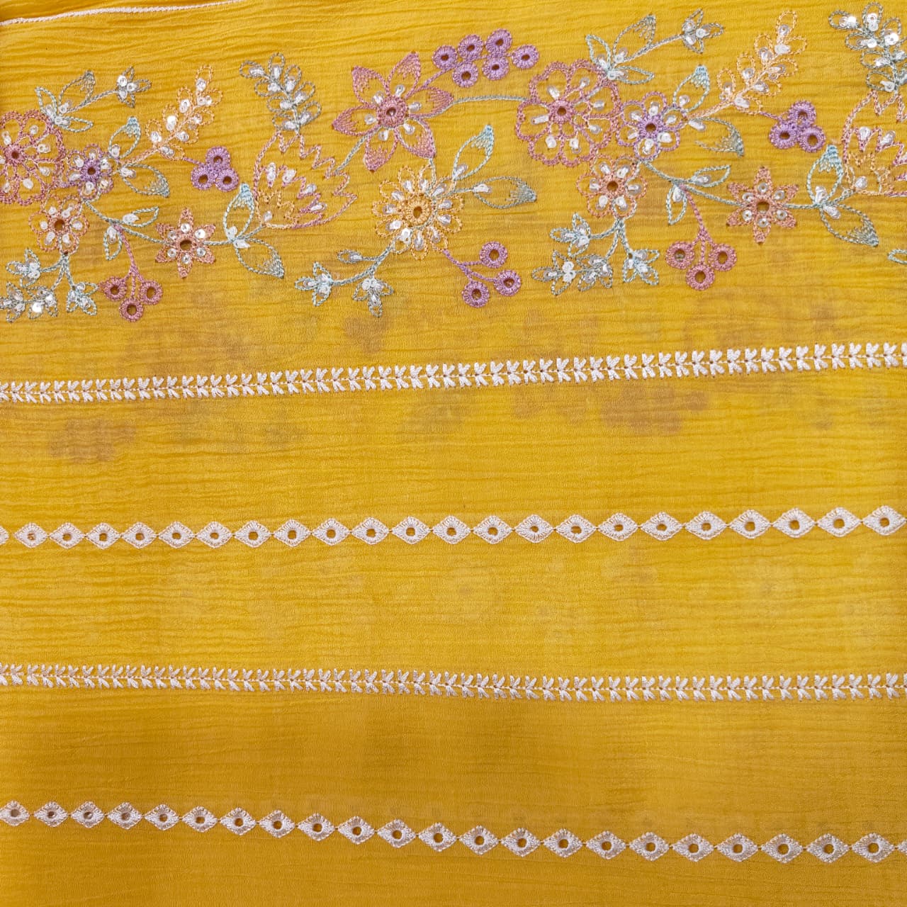 Yellow Hakoba Embroidery Crushed Malai Chanderi Fabric GL-26922 - TradeUNO