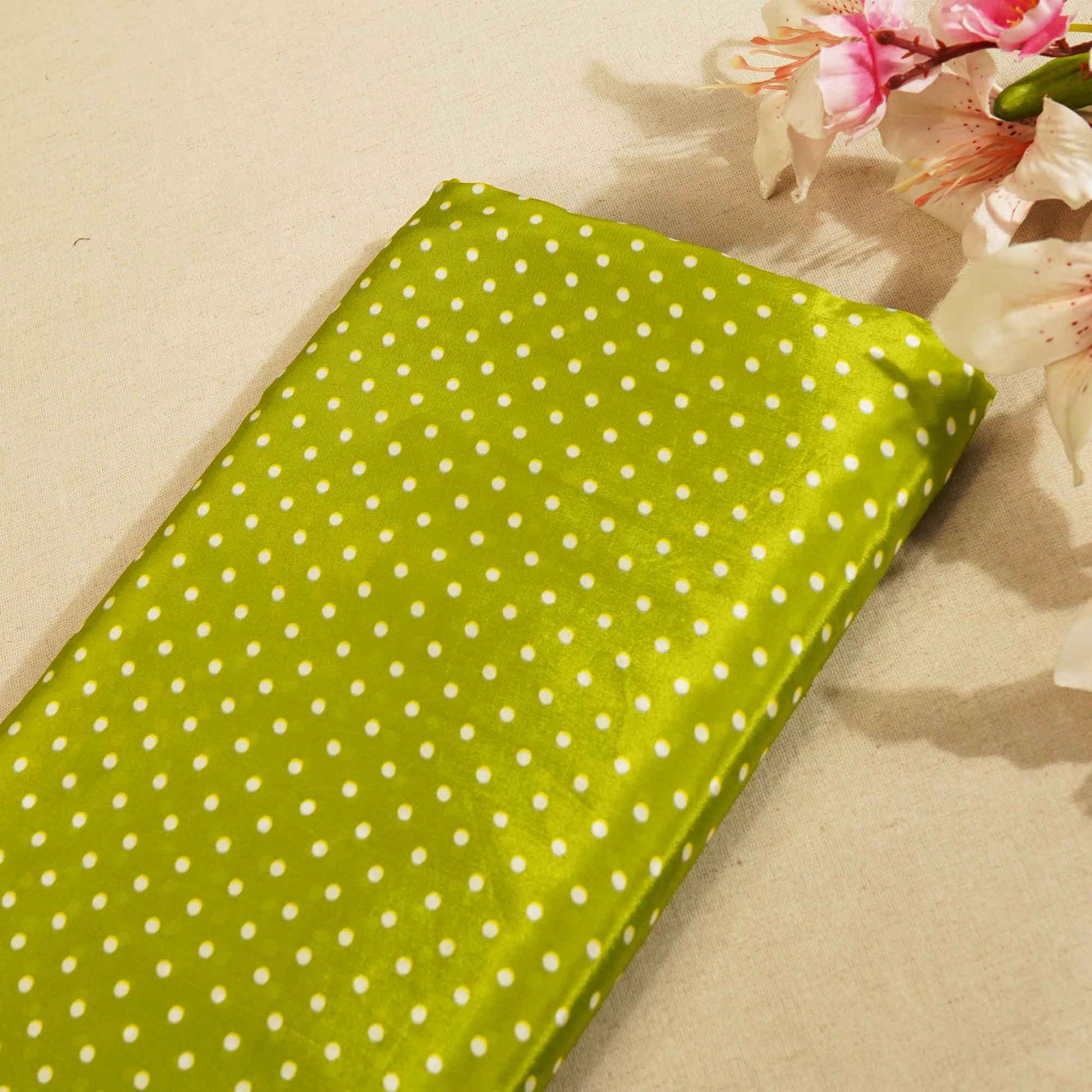 Green Yellow Dot Print Crape Fabric MTF-26924