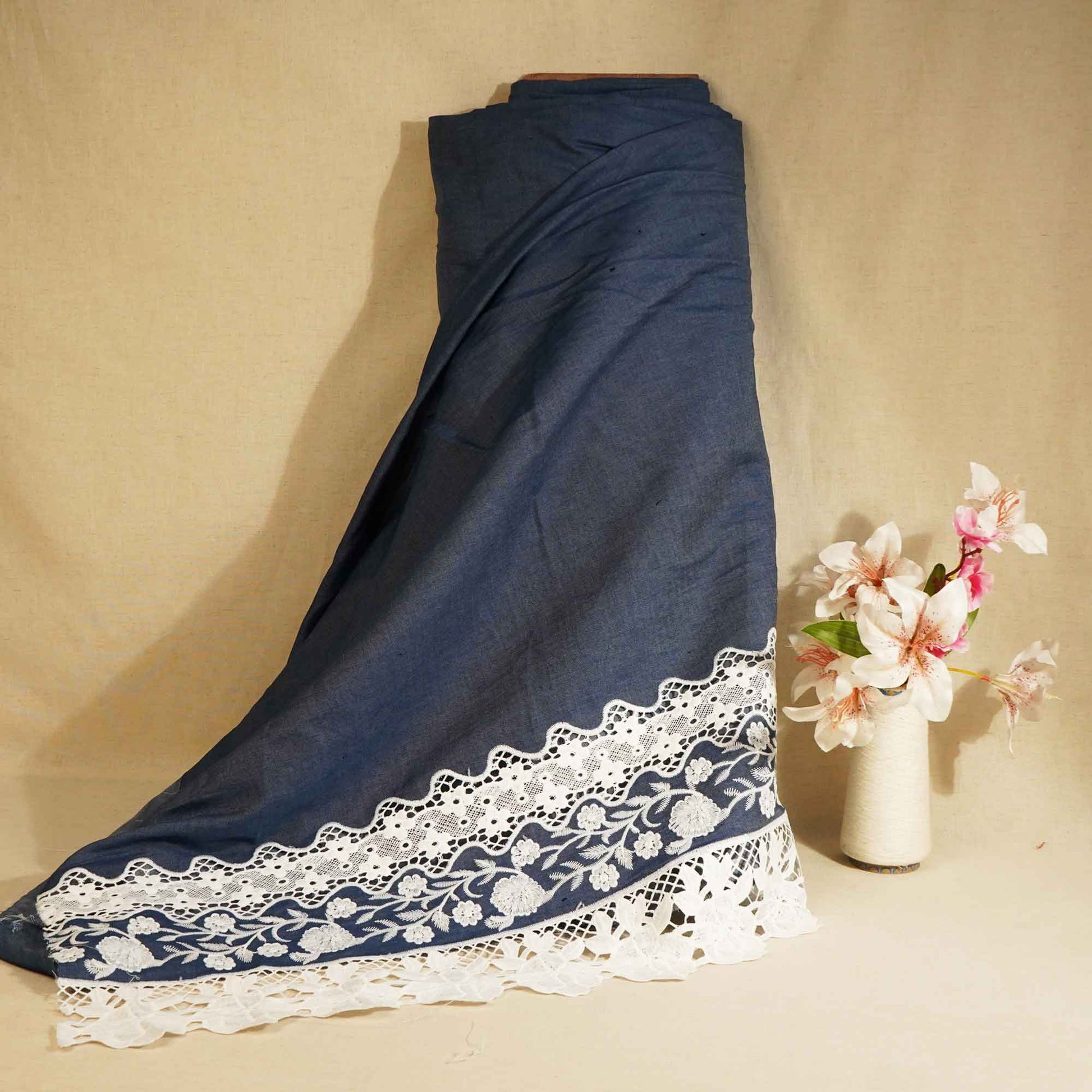 Blue Schiffli On Border Denim Fabric AF-26929