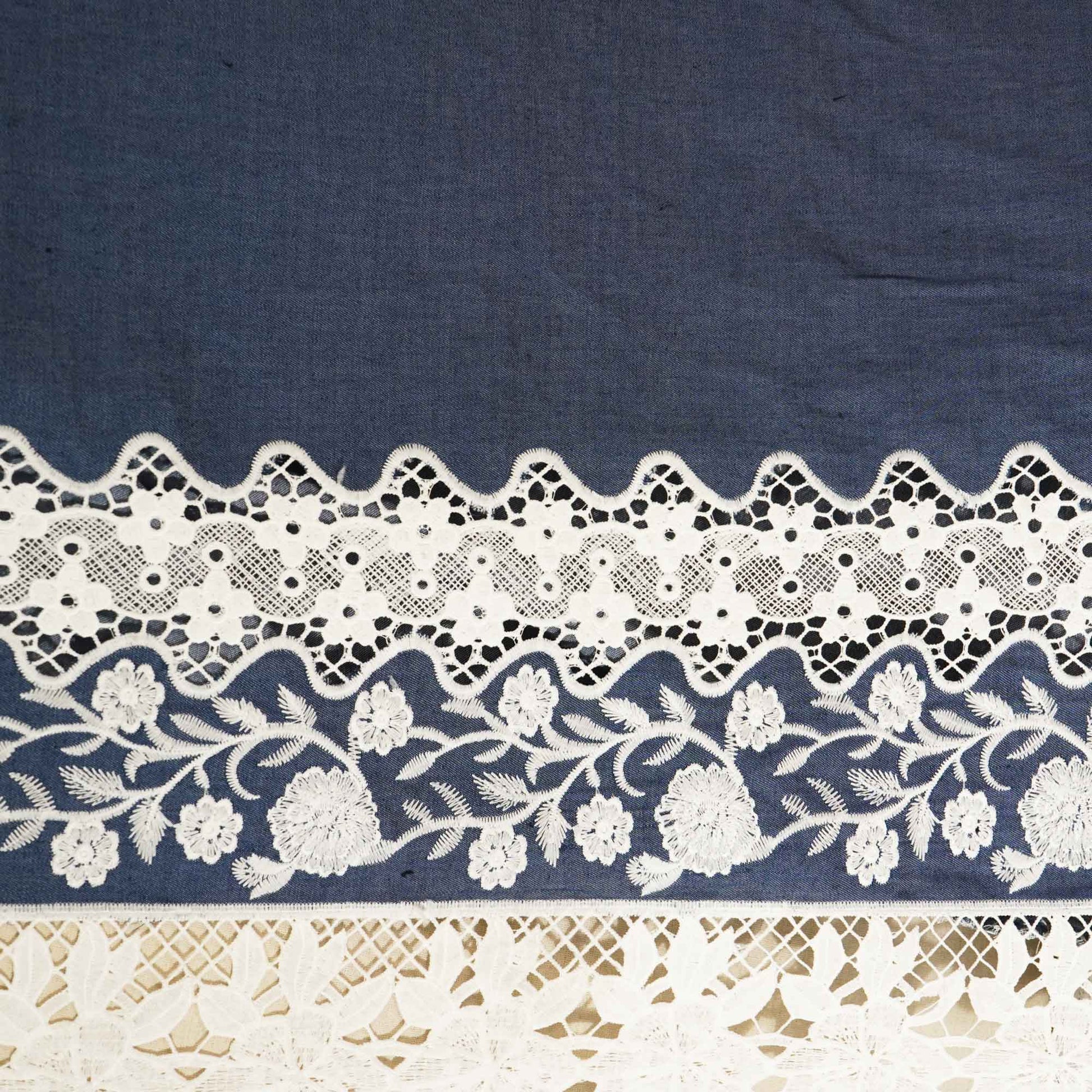 Blue Schiffli On Border Denim Fabric AF-26929