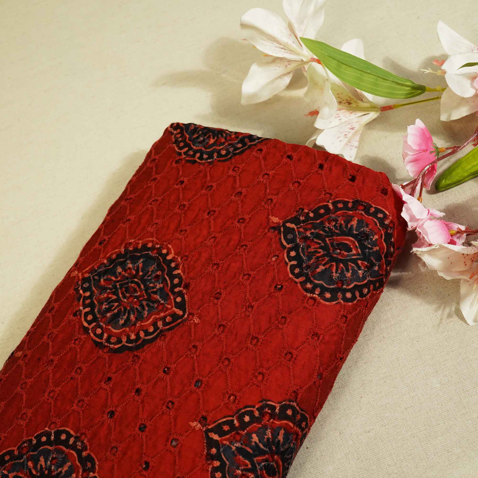 Red Ajrakh Shiffli Modal Satin Fabric CA-26931  