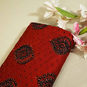 Red Ajrakh Shiffli Modal Satin Fabric CA-26931  