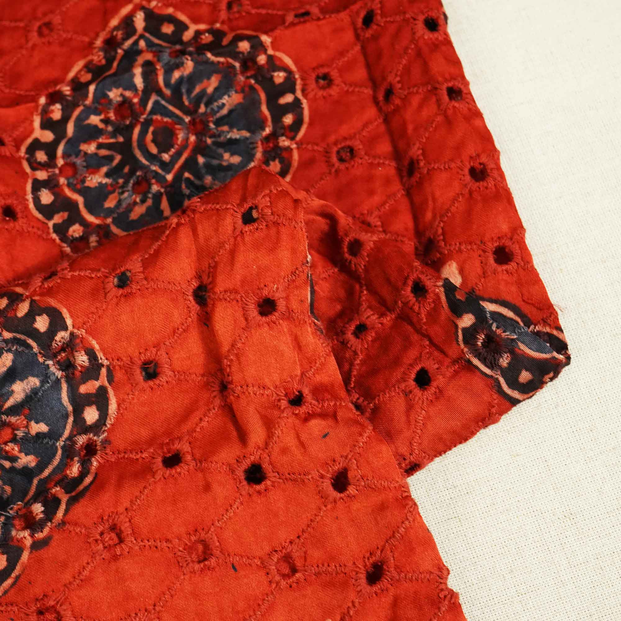 Red Ajrakh Shiffli Modal Satin Fabric CA-26931  