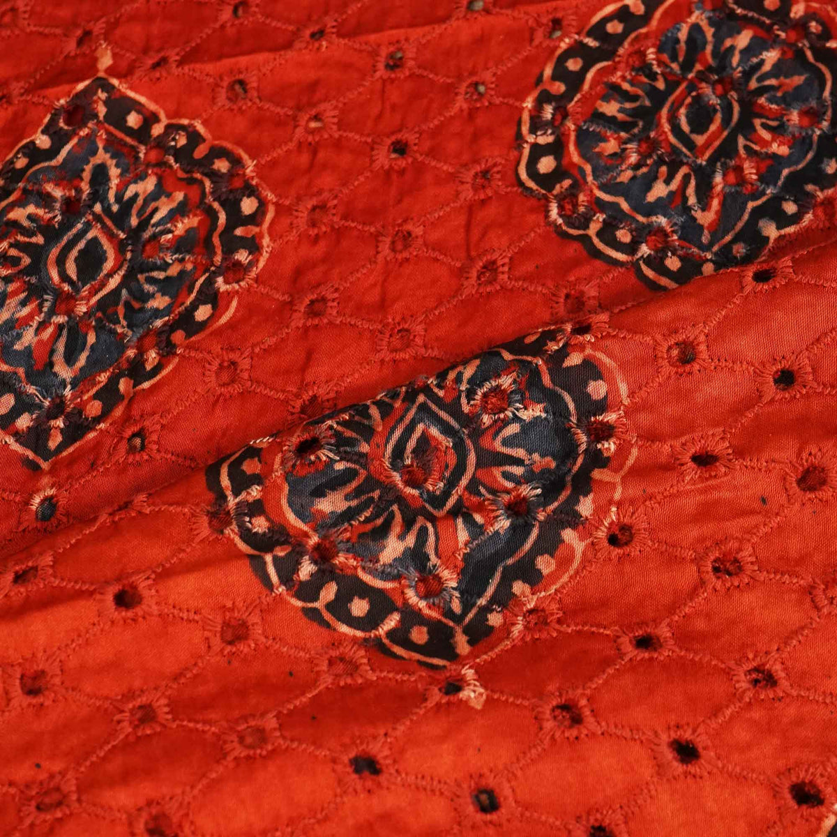Red Ajrakh Shiffli Modal Satin Fabric CA-26931  