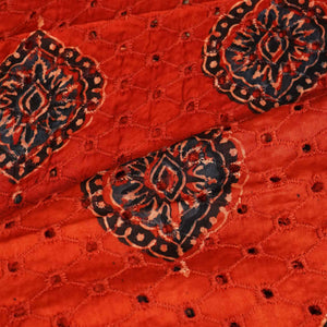 Red Ajrakh Shiffli Modal Satin Fabric CA-26931  