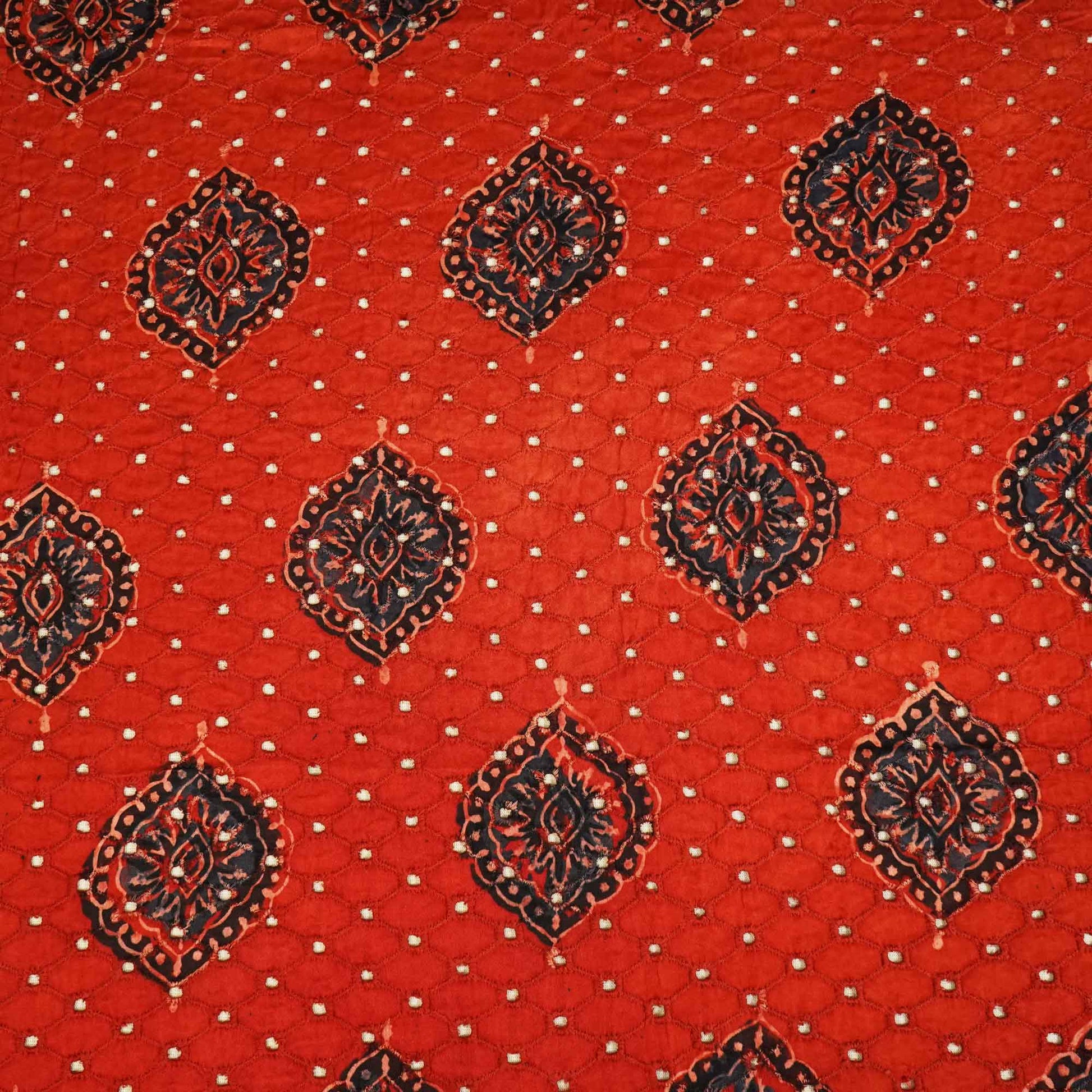 Red Ajrakh Shiffli Modal Satin Fabric CA-26931  