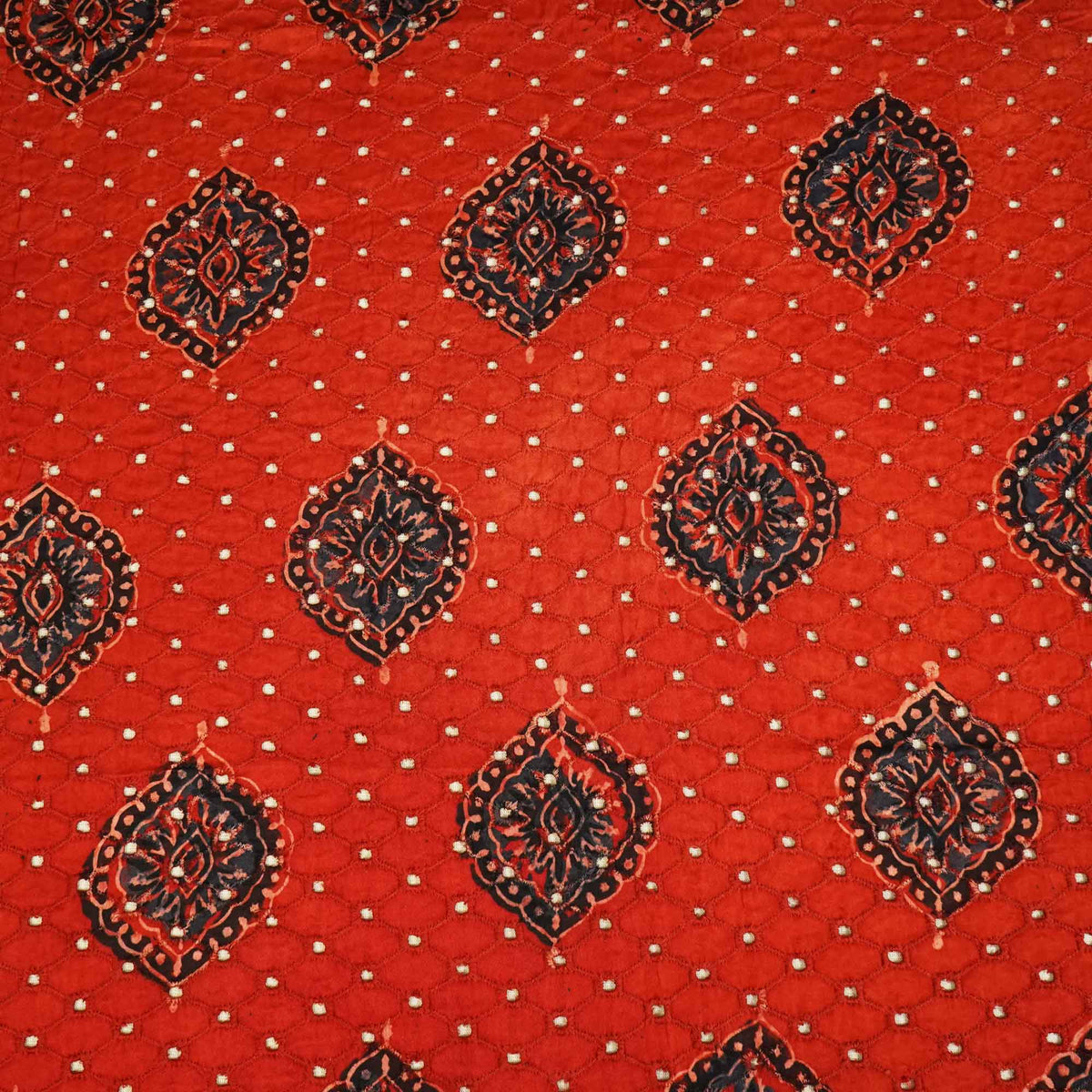 Red Ajrakh Shiffli Modal Satin Fabric CA-26931  
