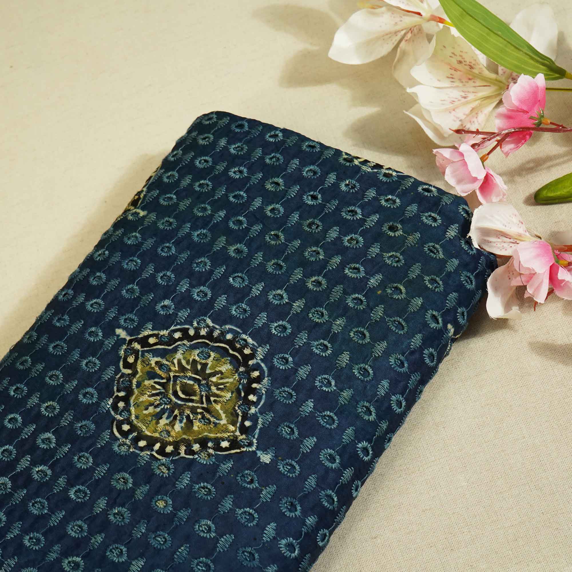 Blue Ajrakh Shiffli Modal Satin Fabric CA-26932  
