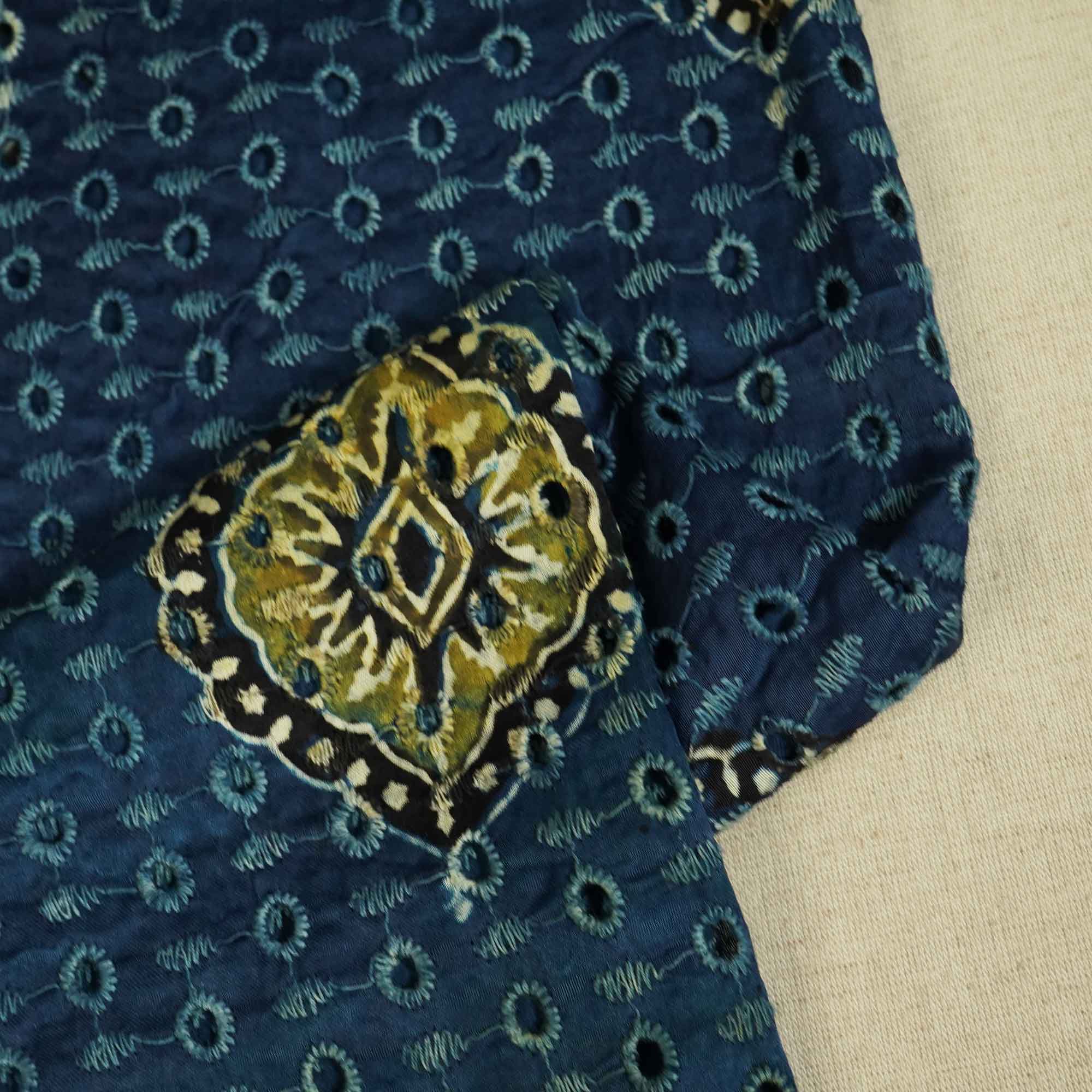 Blue Ajrakh Shiffli Modal Satin Fabric CA-26932  